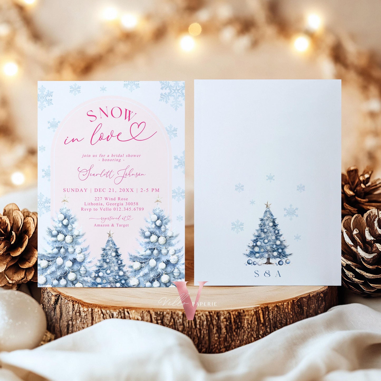 Coquette Blue Pink SNOW in LOVE Bridal Shower Invitation | Winter Snowflakes Christmas Tree Bride to Be, Couple Shower, Wedding Shower WBD01