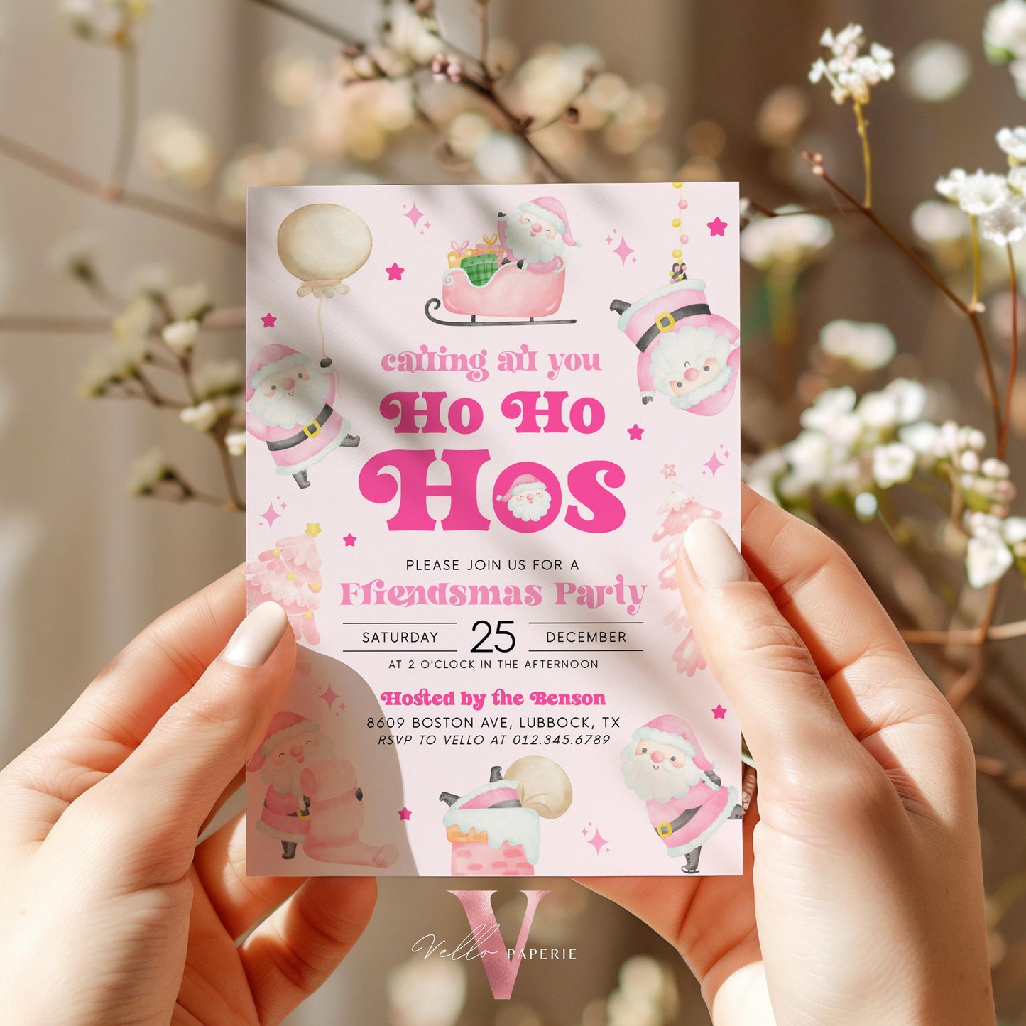 Free EVITE Funny Santa Christmas Party Invitation | Calling All You Ho Ho Ho Pink Santa Invite | Fun Winter Holiday Friendsmas Party CHP01