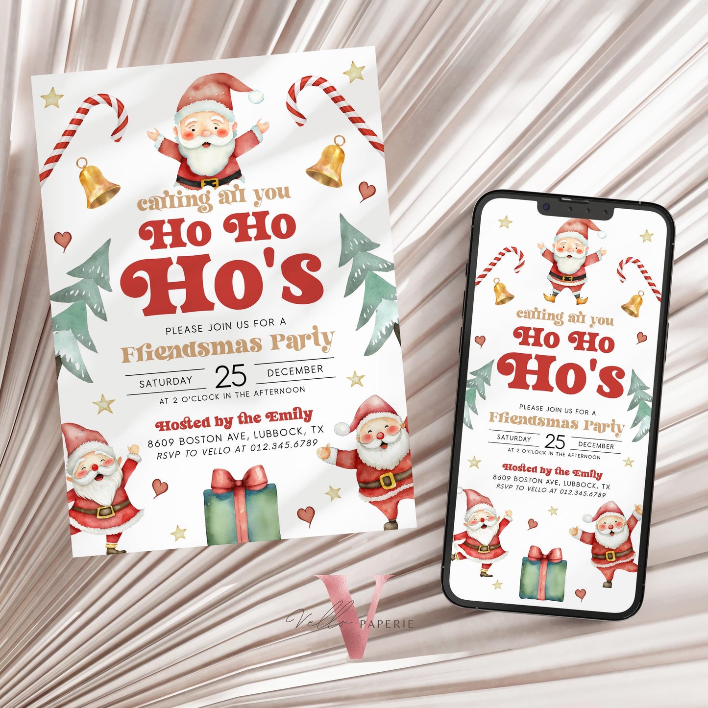 Free EVITE Cute Santa Christmas Party Invitation | Calling All You Ho Ho Ho Red Santa Invite | Fun Winter Holiday Friendsmas Party CHP01