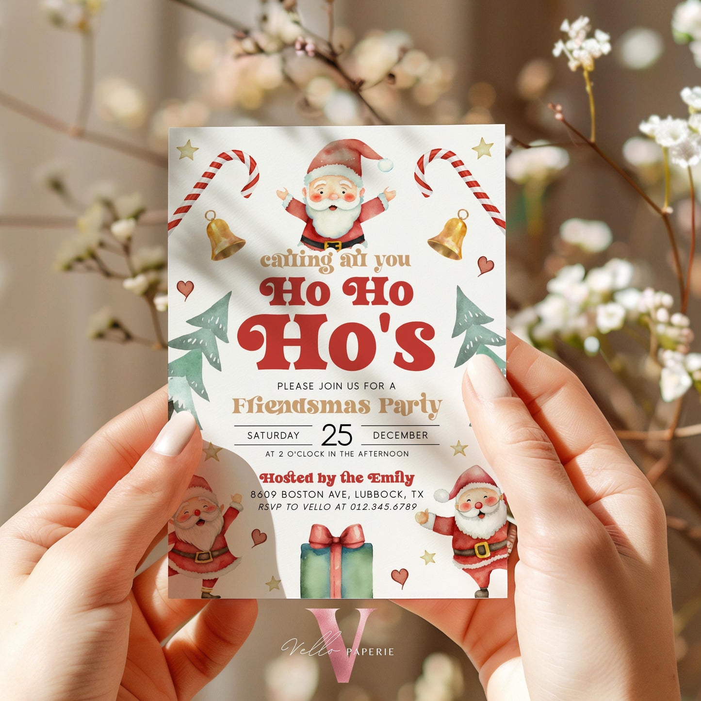 Free EVITE Cute Santa Christmas Party Invitation | Calling All You Ho Ho Ho Red Santa Invite | Fun Winter Holiday Friendsmas Party CHP01