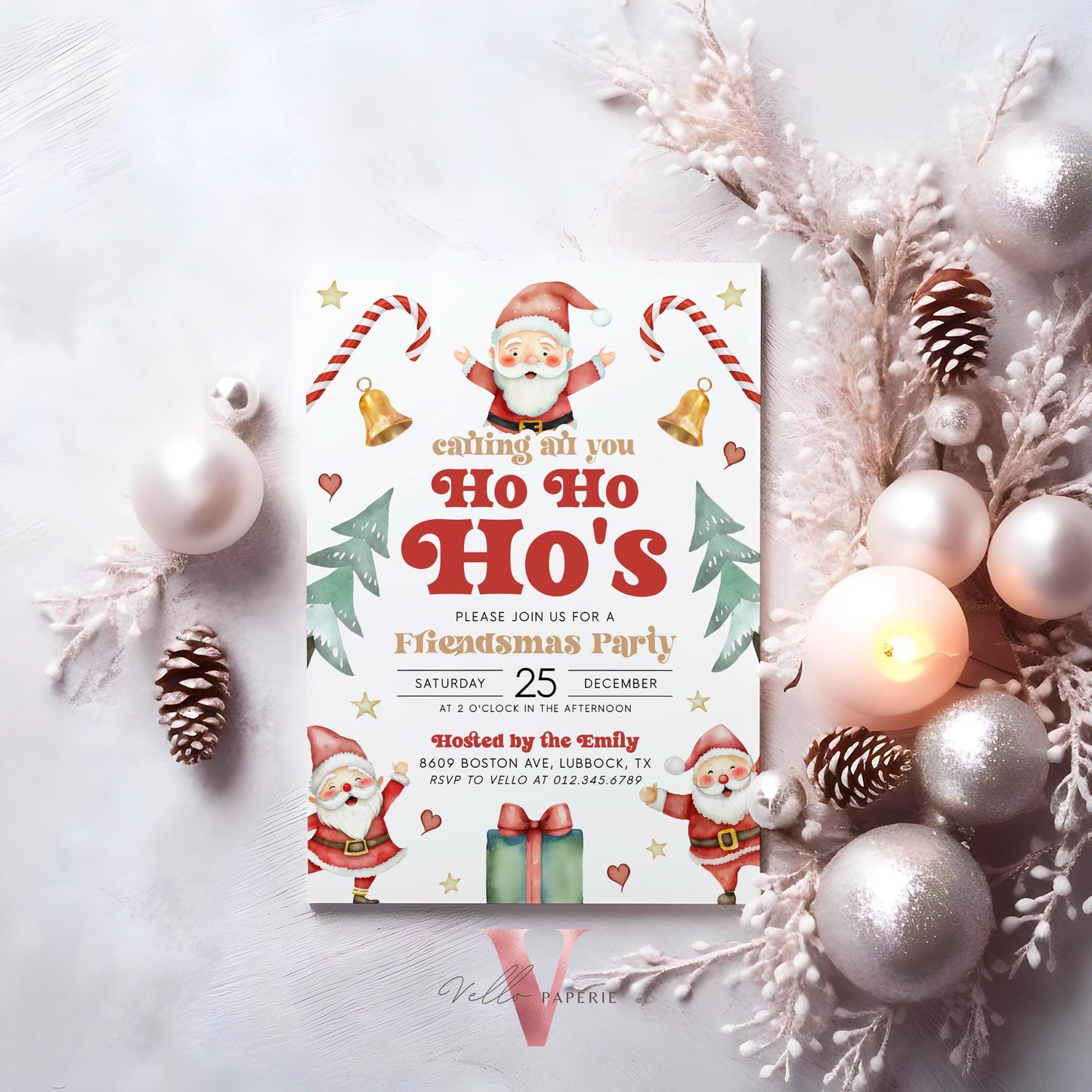 Free EVITE Cute Santa Christmas Party Invitation | Calling All You Ho Ho Ho Red Santa Invite | Fun Winter Holiday Friendsmas Party CHP01