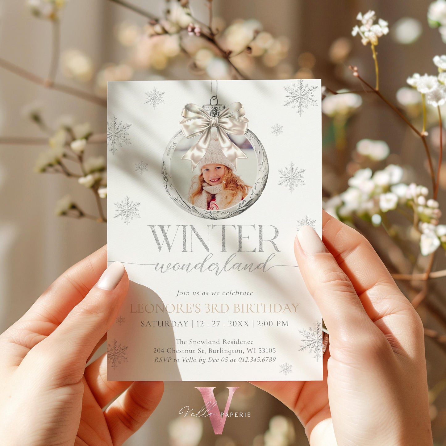 Editable Photo Coquette WINTER Wonderland Invitation | ANY AGE Silver Winter Wonderland Invite | Snowflake Birthday Party Bow Christmas Ball