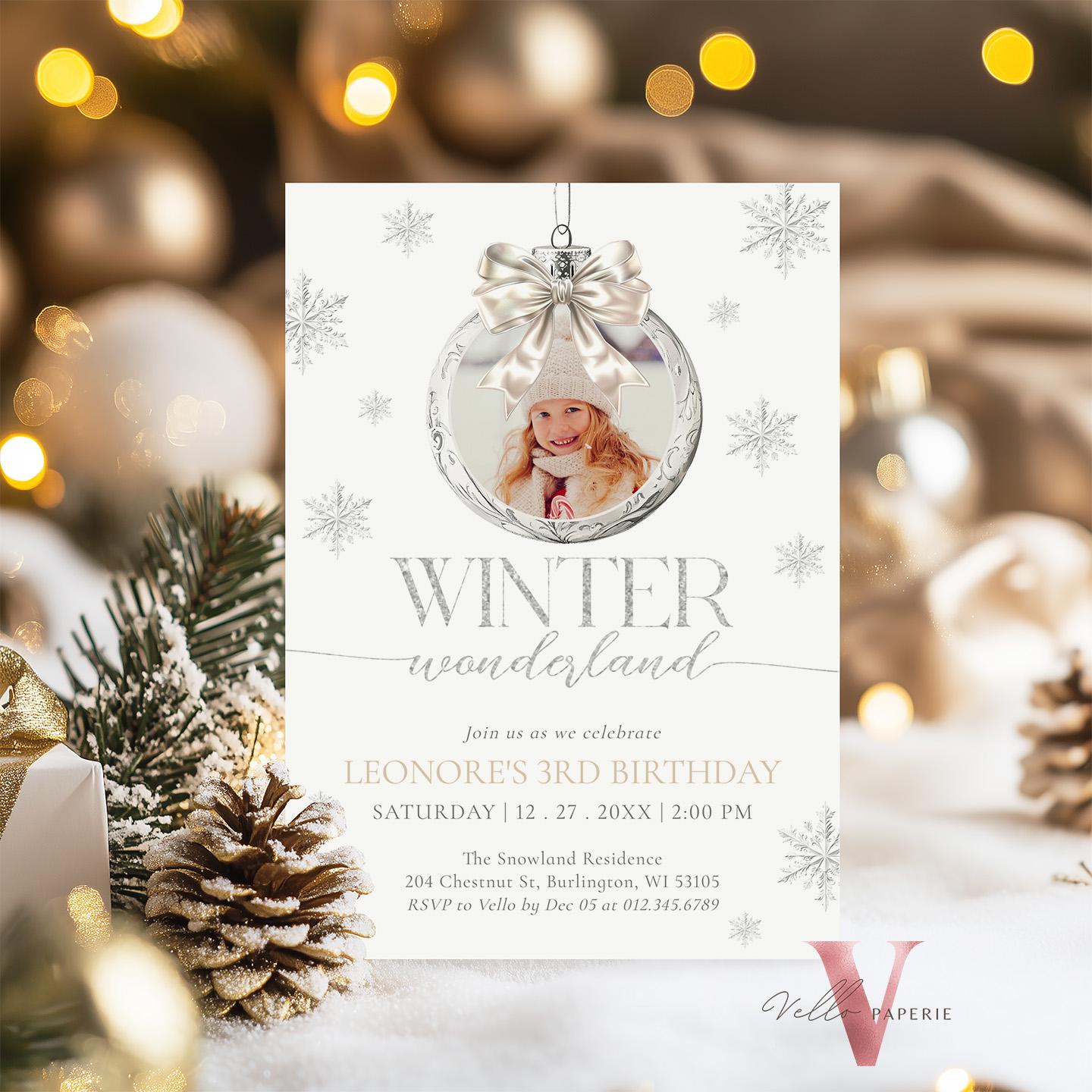 Editable Photo Coquette WINTER Wonderland Invitation | ANY AGE Silver Winter Wonderland Invite | Snowflake Birthday Party Bow Christmas Ball