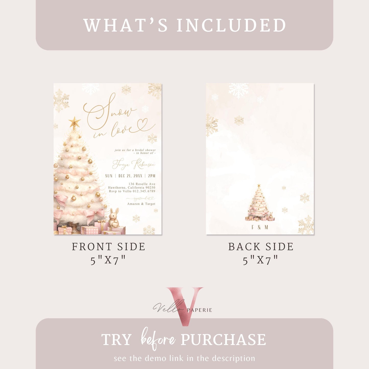 Coquette Blush Pink SNOW in LOVE Bridal Shower Invitation | Winter Snowflakes Gold Christmas Tree Bride to Be, Couple Wedding Shower WBD01