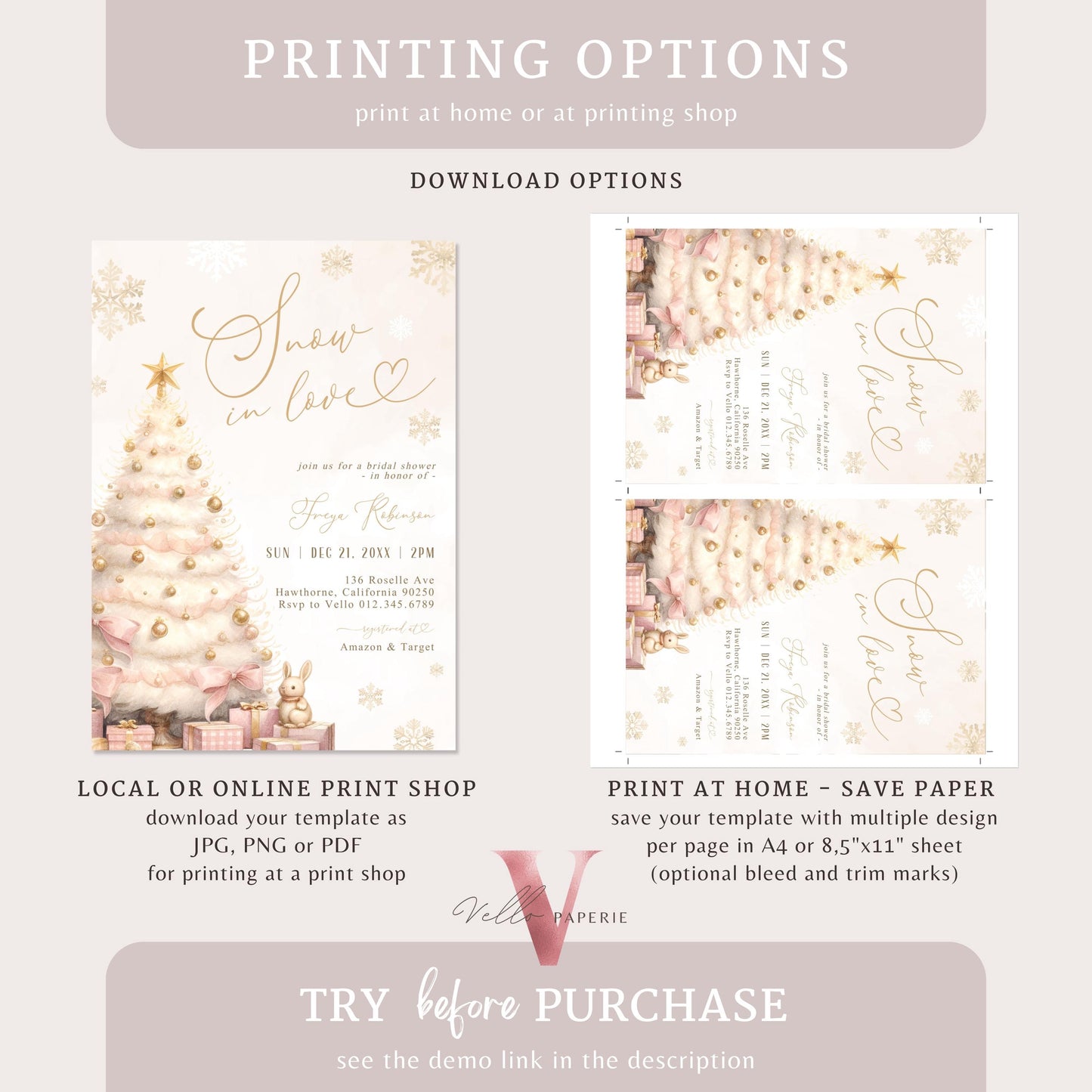 Coquette Blush Pink SNOW in LOVE Bridal Shower Invitation | Winter Snowflakes Gold Christmas Tree Bride to Be, Couple Wedding Shower WBD01