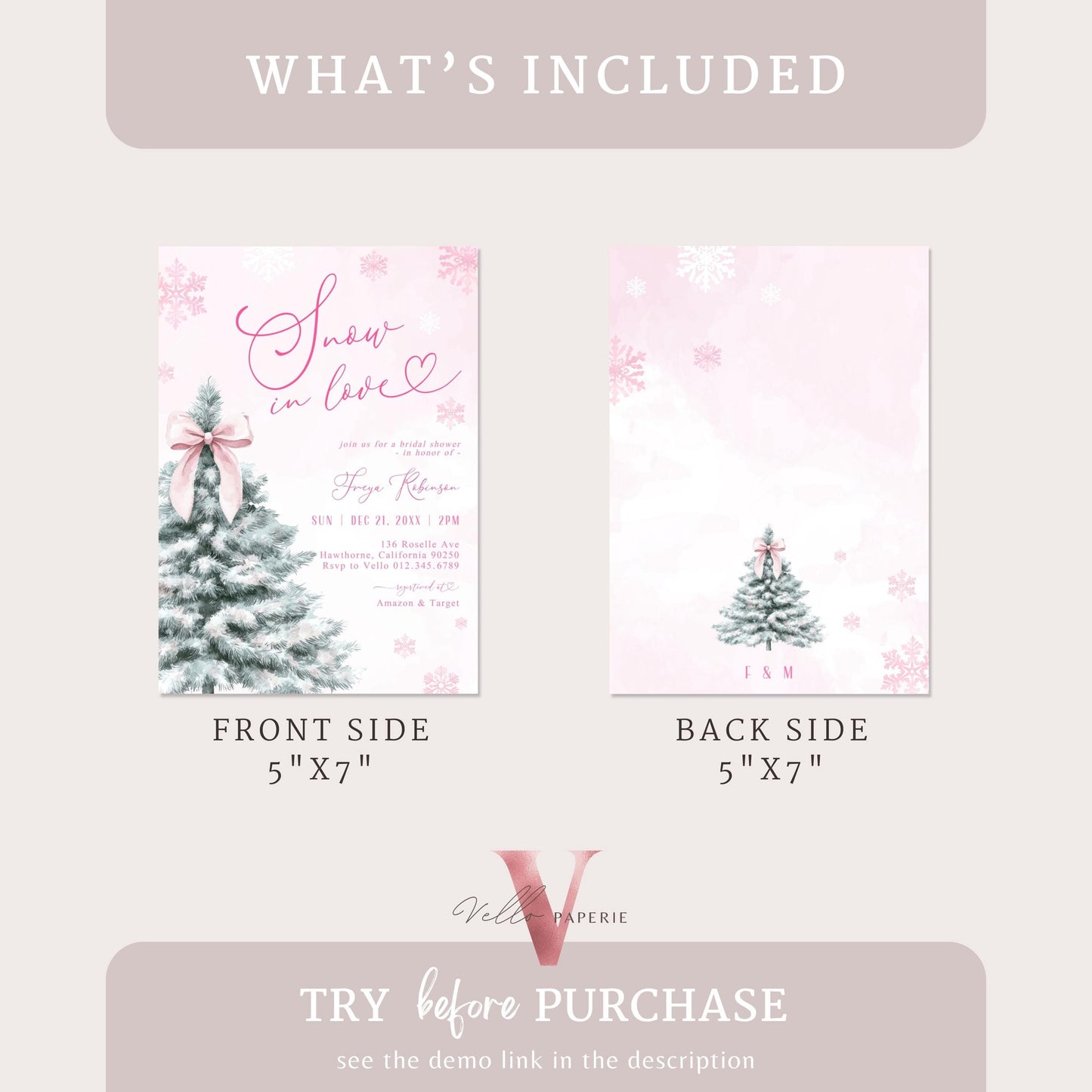 Coquette Pink SNOW in LOVE Bridal Shower Invitation | Winter Snowflakes Pink Christmas Tree Bride to Be, Couple Shower, Wedding Shower WBD01