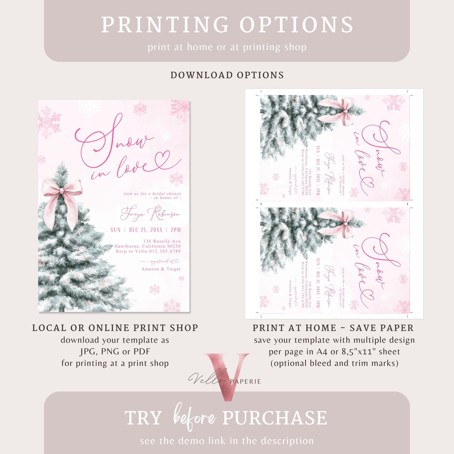 Coquette Pink SNOW in LOVE Bridal Shower Invitation | Winter Snowflakes Pink Christmas Tree Bride to Be, Couple Shower, Wedding Shower WBD01