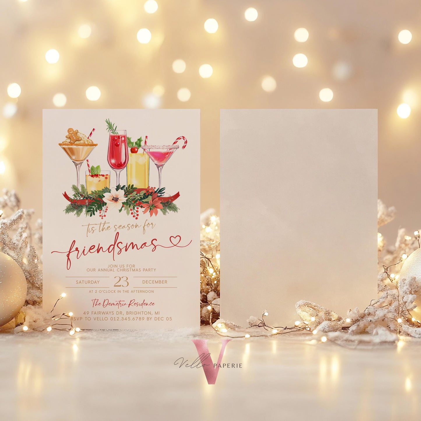 Editable Tis the season for Friendsmas Invitation | Holiday Cocktail Party | Neutral Winter Christmas Party Invite, Red Gold Green CHP01