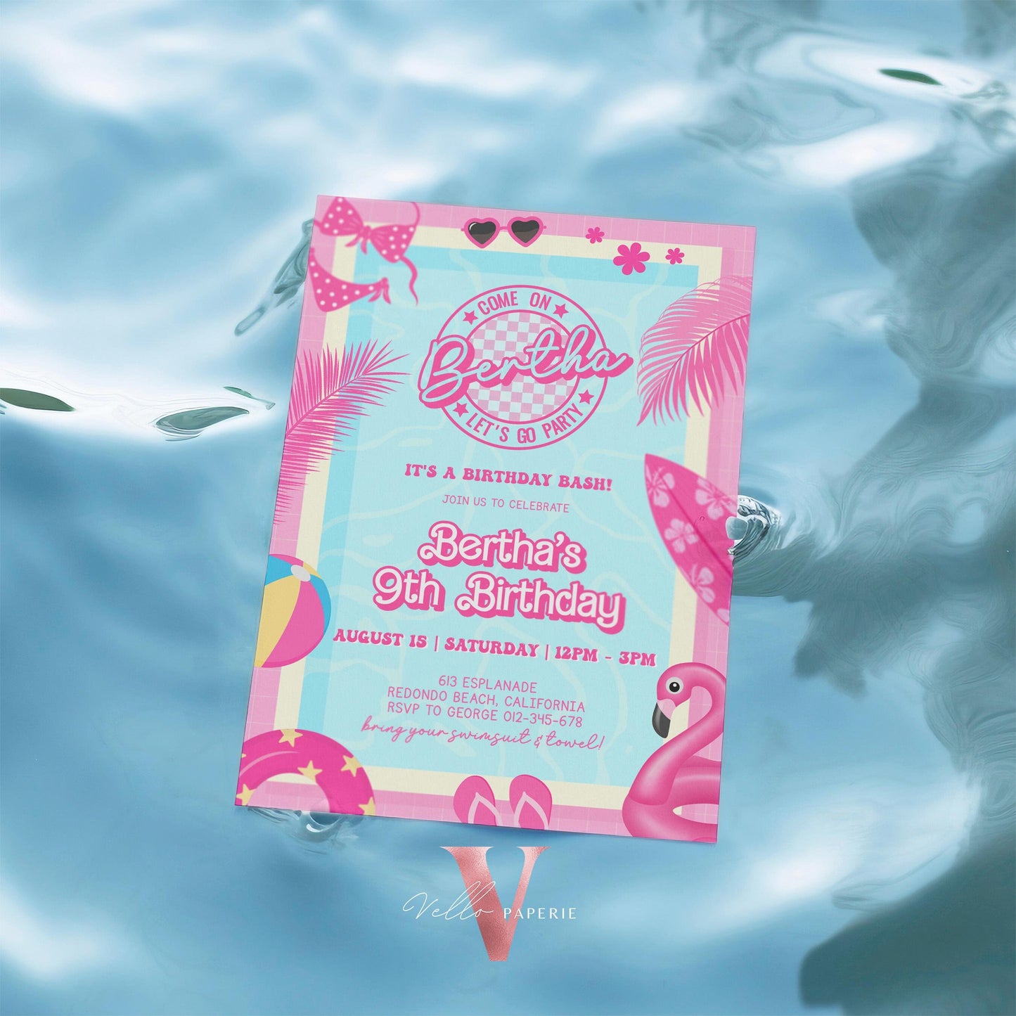 Pink Doll Pool Birthday Invitation | Editable Printable Malibu Pool Party Invite | Pink Blue Malibu Come On Lets Go Party Instant PDP01