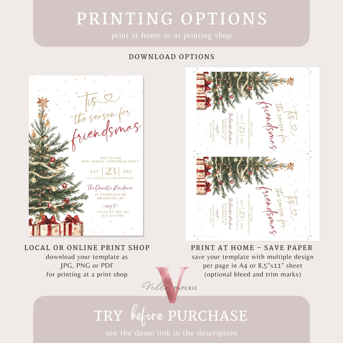 Editable Printable Tis the season for Friendsmas Invitation | Neutral Winter Christmas Party Invite | Red Gold Green Holiday Party CHP01