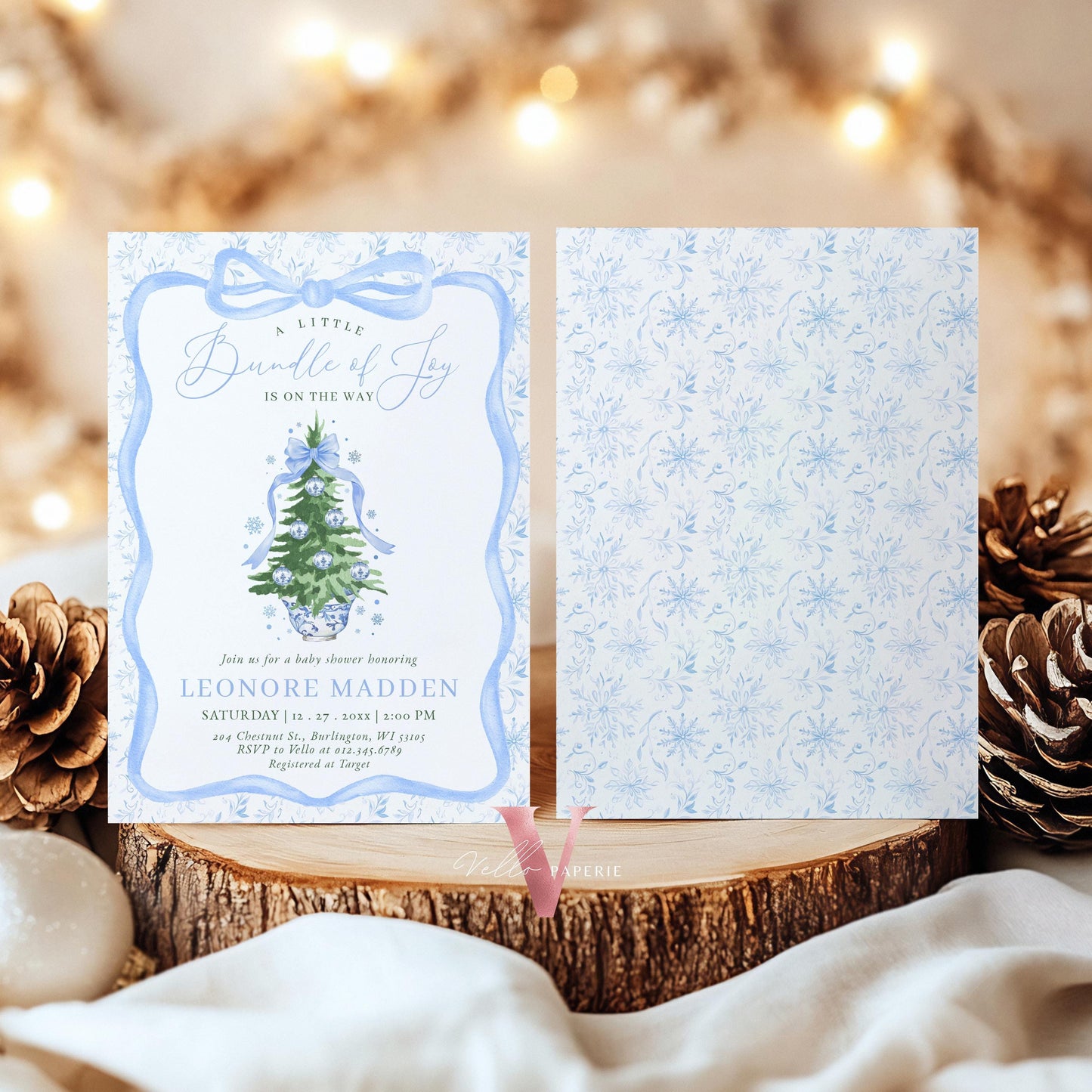 Editable Little Bundle of Joy Christmas Baby Shower Invitation | Blue Christmas Tree Shower Invite | Winter Chinoiserie Christmas Baby WBS01