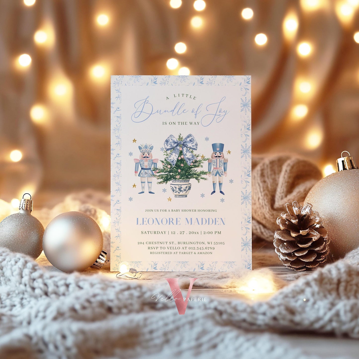 Editable Chinoiserie Christmas Baby Shower Invitation | Winter Toile de Juoy Christmas Baby | Blue Christmas Tree Nutcracker Invite WBS01
