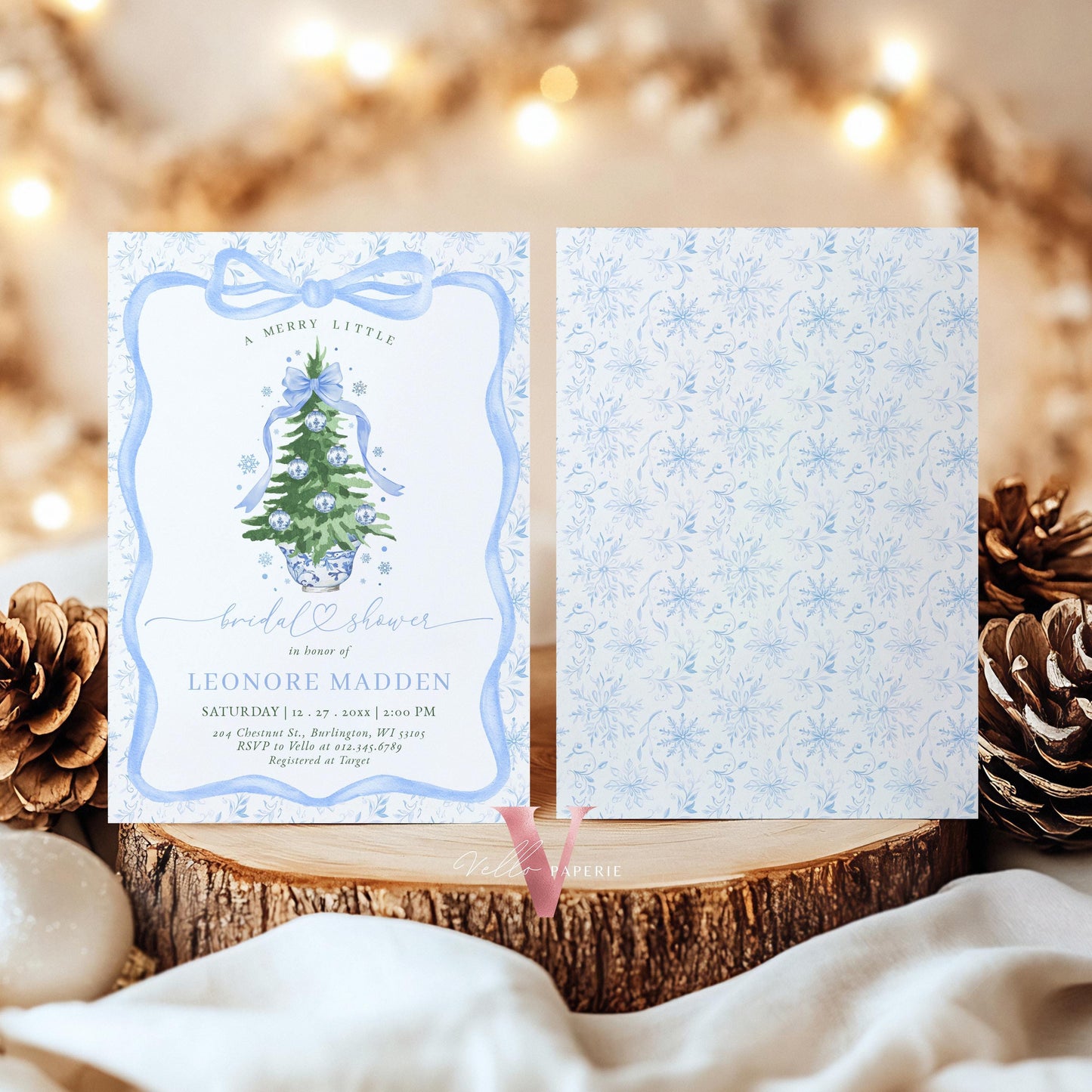 Editable Chinoiserie Christmas Bridal Shower Invitation | Blue Christmas Tree Party Invite | Winter Blue Toile de Juoy Christmas Bride WBD01