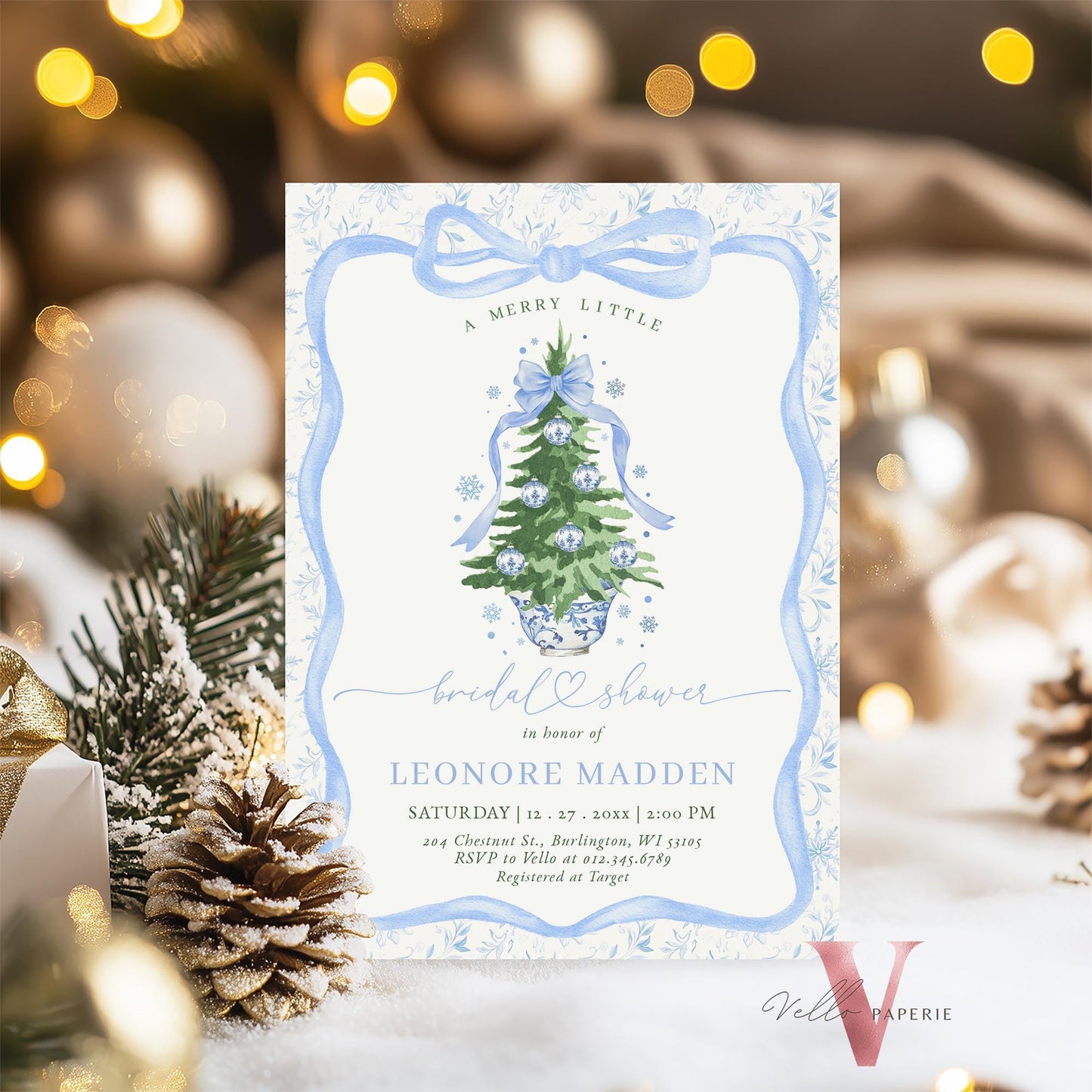Editable Chinoiserie Christmas Bridal Shower Invitation | Blue Christmas Tree Party Invite | Winter Blue Toile de Juoy Christmas Bride WBD01