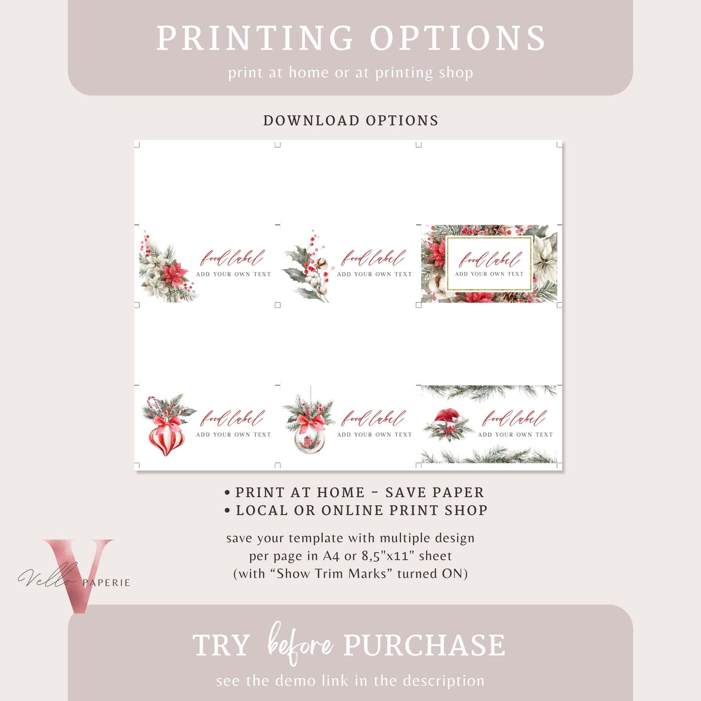 Editable 8 designs Modern Christmas Floral Place Card, Food Label | Holiday Party Name, Seating Card | Watercolor Christmas Tent Card RCPF1