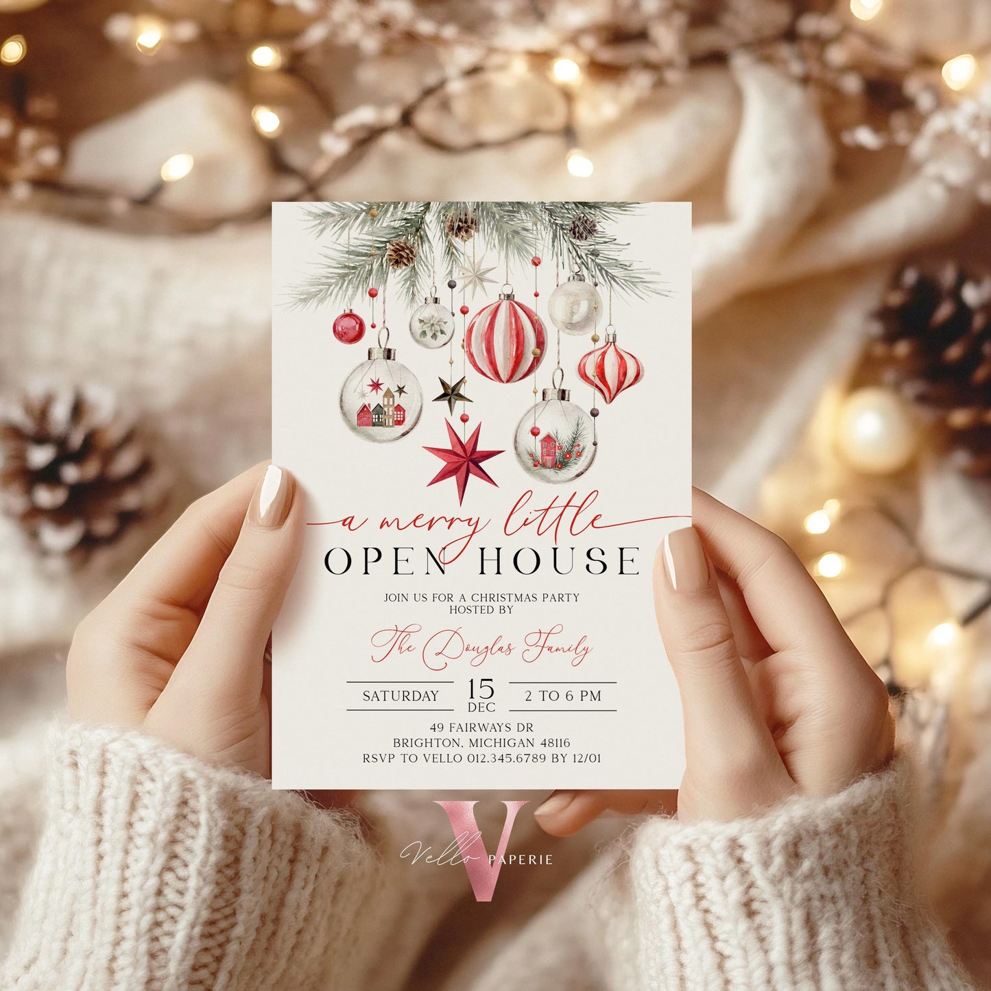 Merry Little Open House Invitation | Neutral Christmas Party Invite | Modern Red Silver Friendsmas Party Invite Christmas Decor CHP01