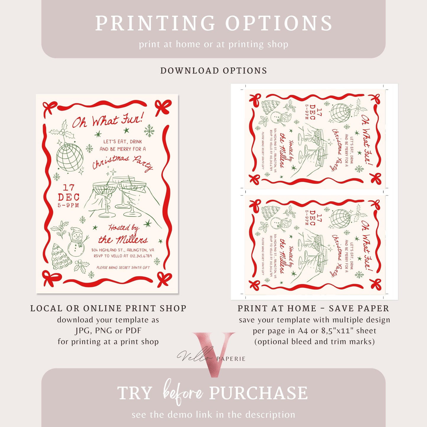 Full Editable Handdrawn Merry Little Christmas Party Invitation | Whimsical Friendsmas Party Invite | Red Green Holiday Cocktail Party WCP01