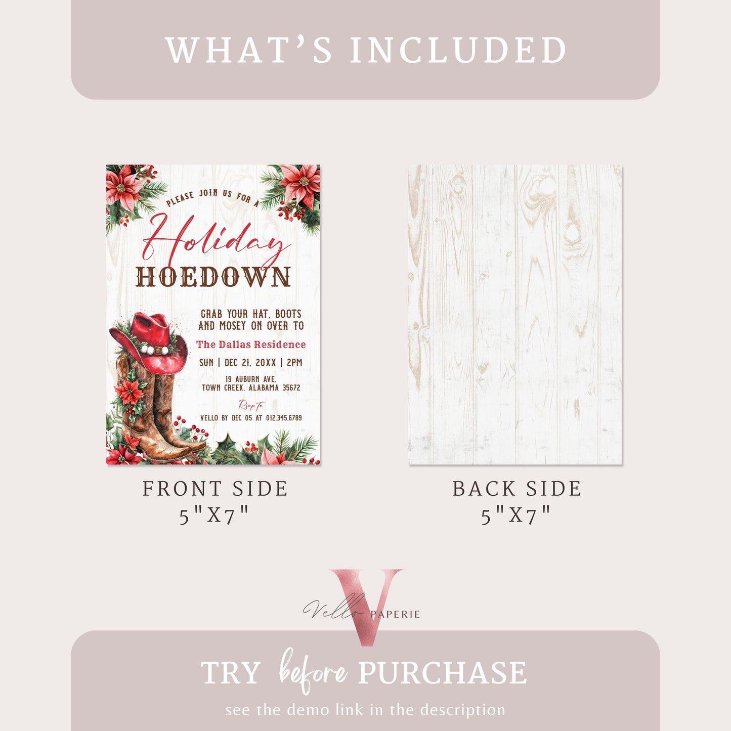 Editable Western Holiday Hoedown Party Invitation | Merry Little Open House Cowboy Christmas Party Invite | Rustic Boots Friendsmas WCH01
