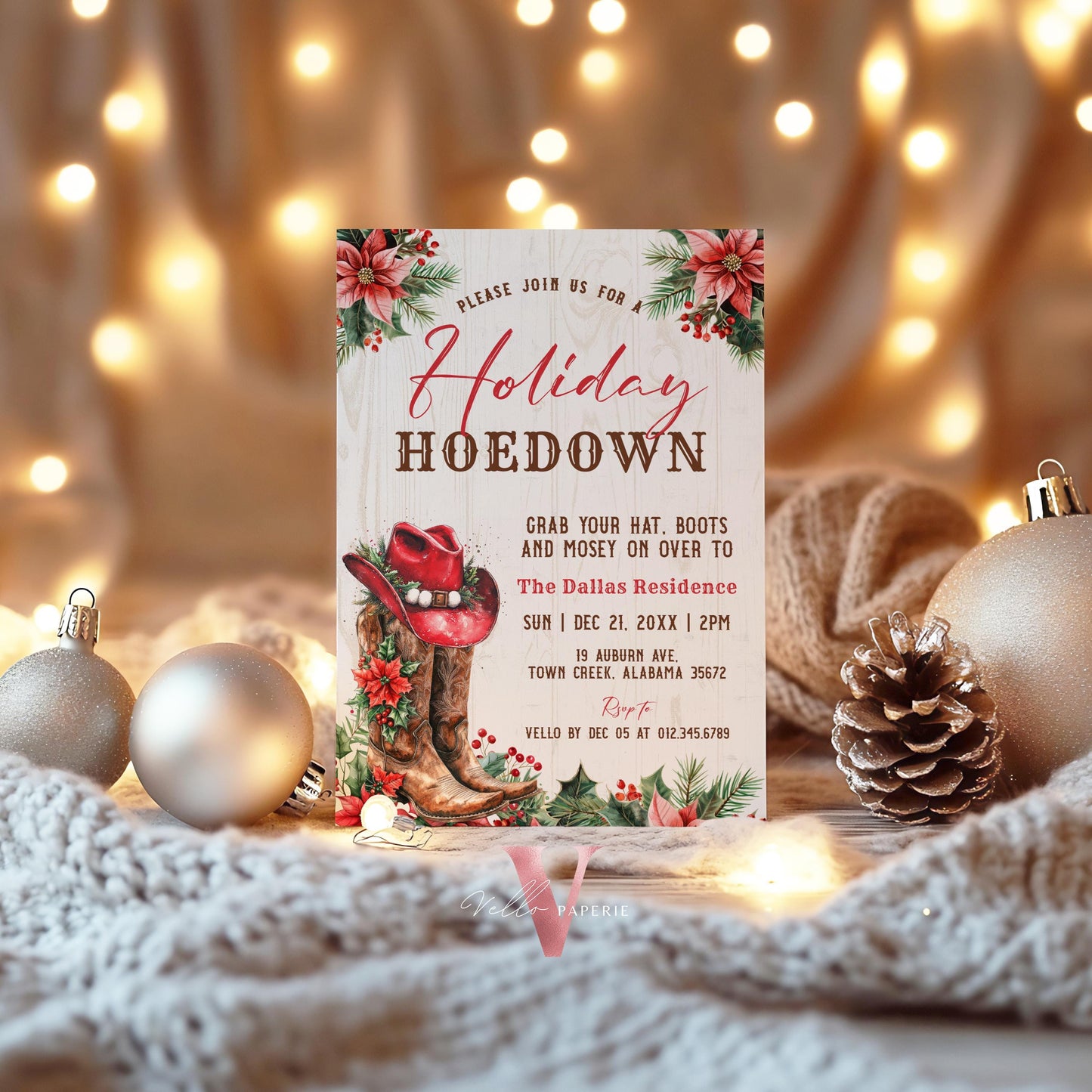 Editable Western Holiday Hoedown Party Invitation | Merry Little Open House Cowboy Christmas Party Invite | Rustic Boots Friendsmas WCH01