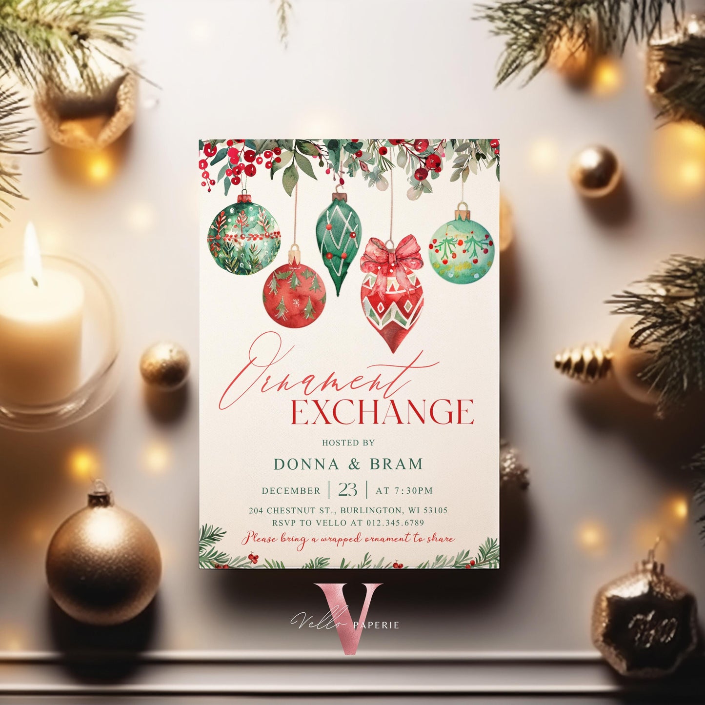 Editable Christmas Ornament Exchange Party Invitation | Merry Little Holiday Party Invite | Neutral Christmas Ornament Swap Friendsmas CHP01
