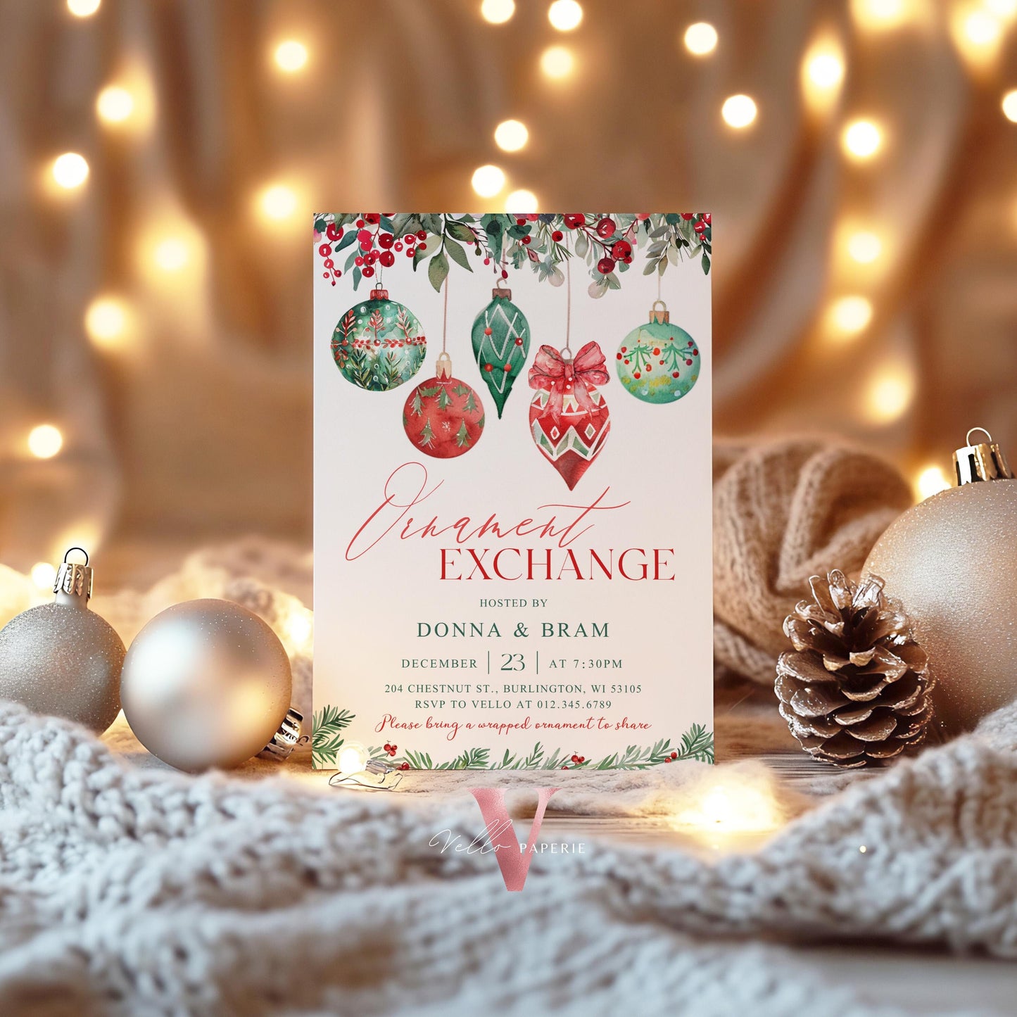 Editable Christmas Ornament Exchange Party Invitation | Merry Little Holiday Party Invite | Neutral Christmas Ornament Swap Friendsmas CHP01