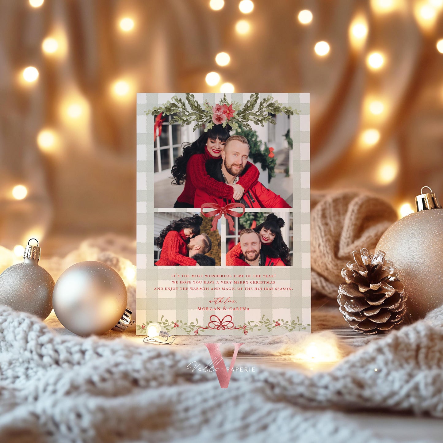 Printable 4 designs Photo Christmas Card Template | Grandmillenial Photo Holiday Card | Cute Classic Christmas Bow Winter Photo GMC12