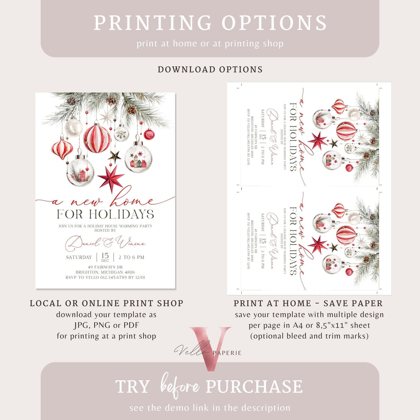 Christmas House Warming Invitation | Red Silver Home Sweet Home Party Invite | Modern/Rustic New House Celebration Winter Floral Decor WHW01
