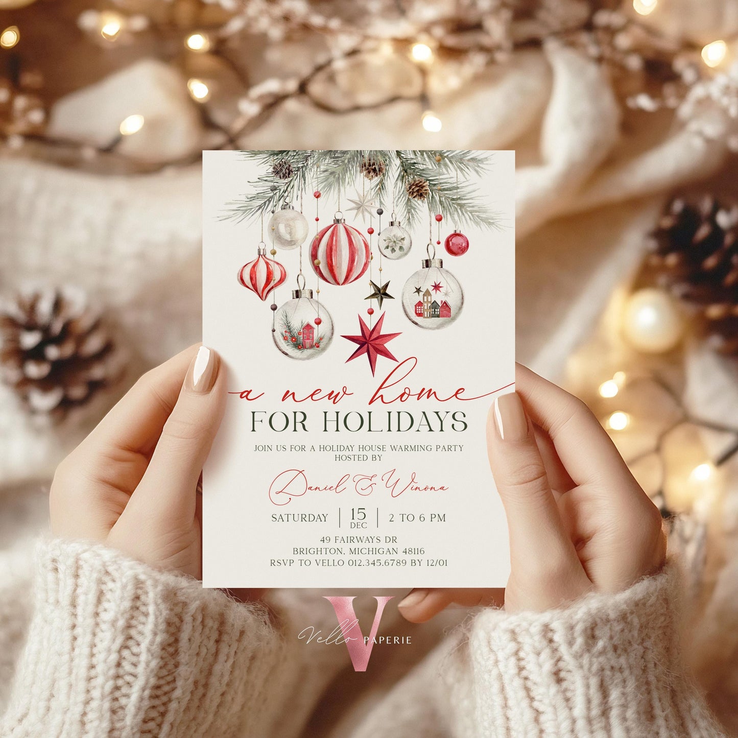 Christmas House Warming Invitation | Red Silver Home Sweet Home Party Invite | Modern/Rustic New House Celebration Winter Floral Decor WHW01