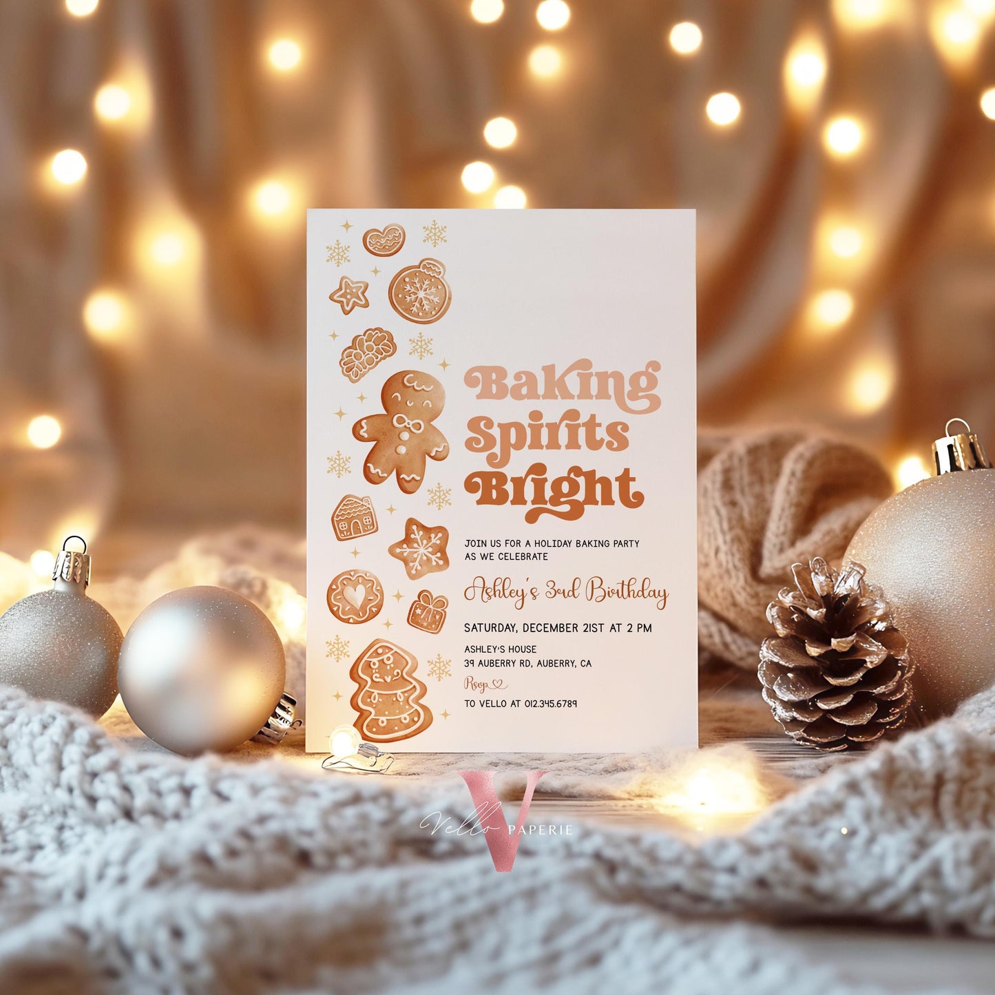 Editable Baking Spirits Bright Birthday Party Invite | Fun Holiday Baking Party Invitation | Modern Neutral Cookie Christmas Birthday Party