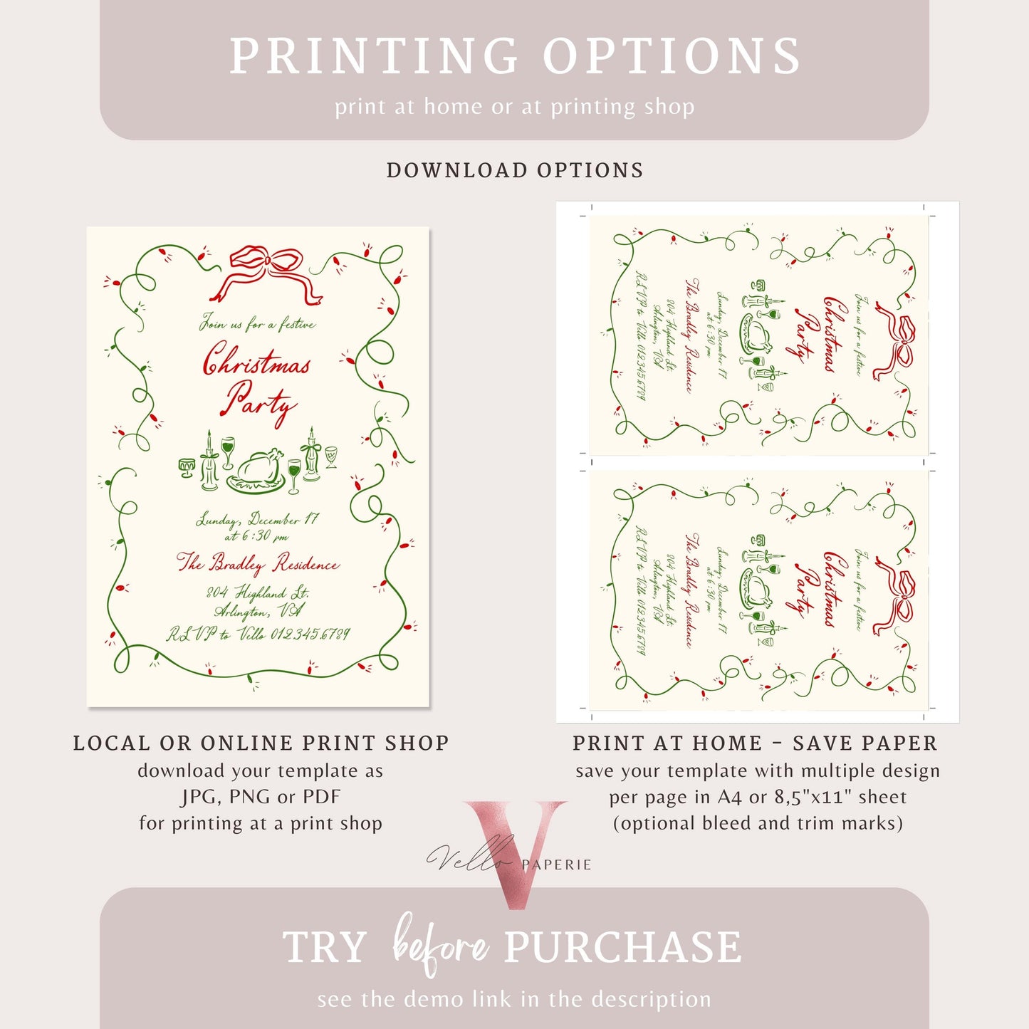 Full Editable Handdrawn Whimsical Christmas Party Invitation | Handwritting Friendsmas Party Invite | Red Green Holiday Cocktail Party WCP01