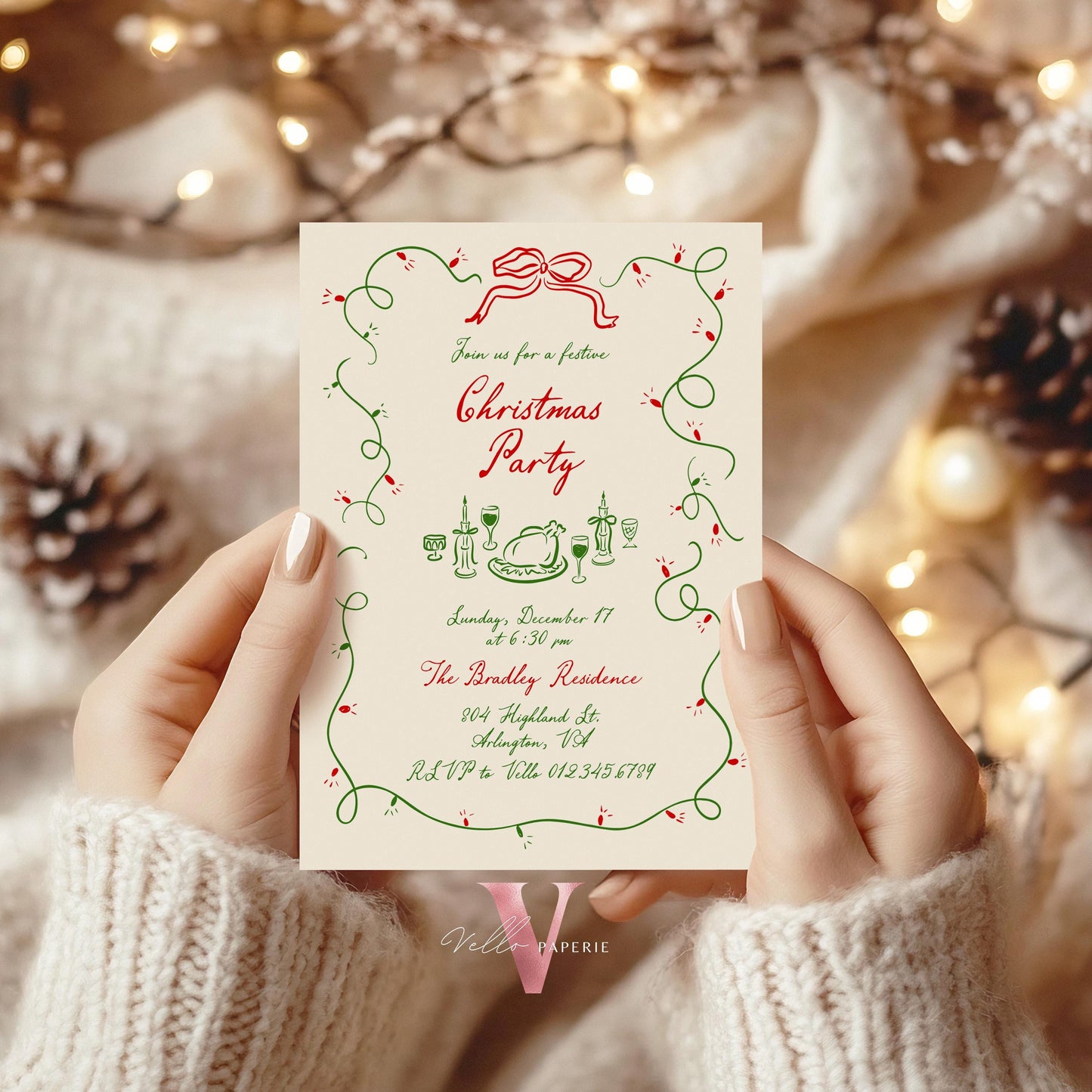 Full Editable Handdrawn Whimsical Christmas Party Invitation | Handwritting Friendsmas Party Invite | Red Green Holiday Cocktail Party WCP01