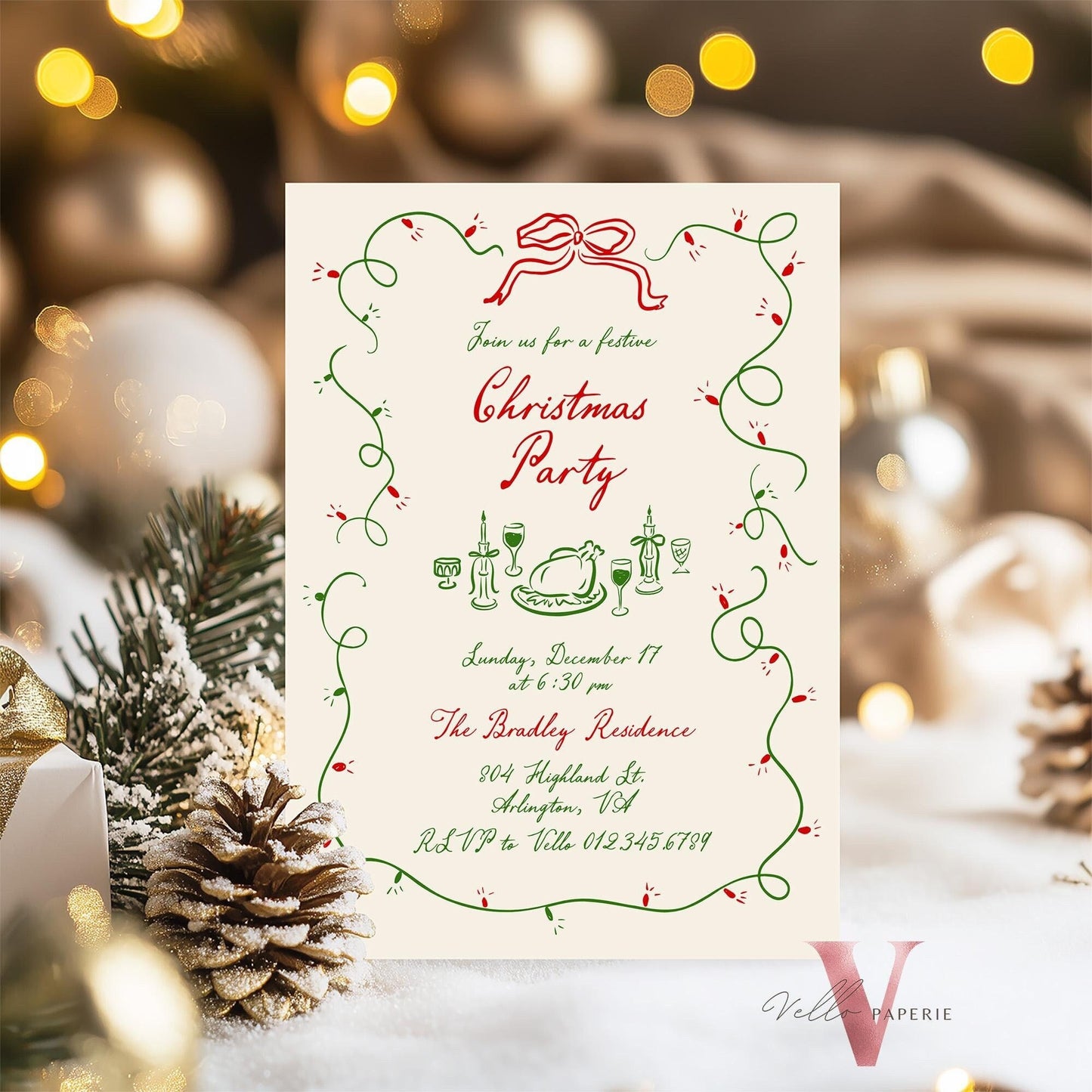 Full Editable Handdrawn Whimsical Christmas Party Invitation | Handwritting Friendsmas Party Invite | Red Green Holiday Cocktail Party WCP01