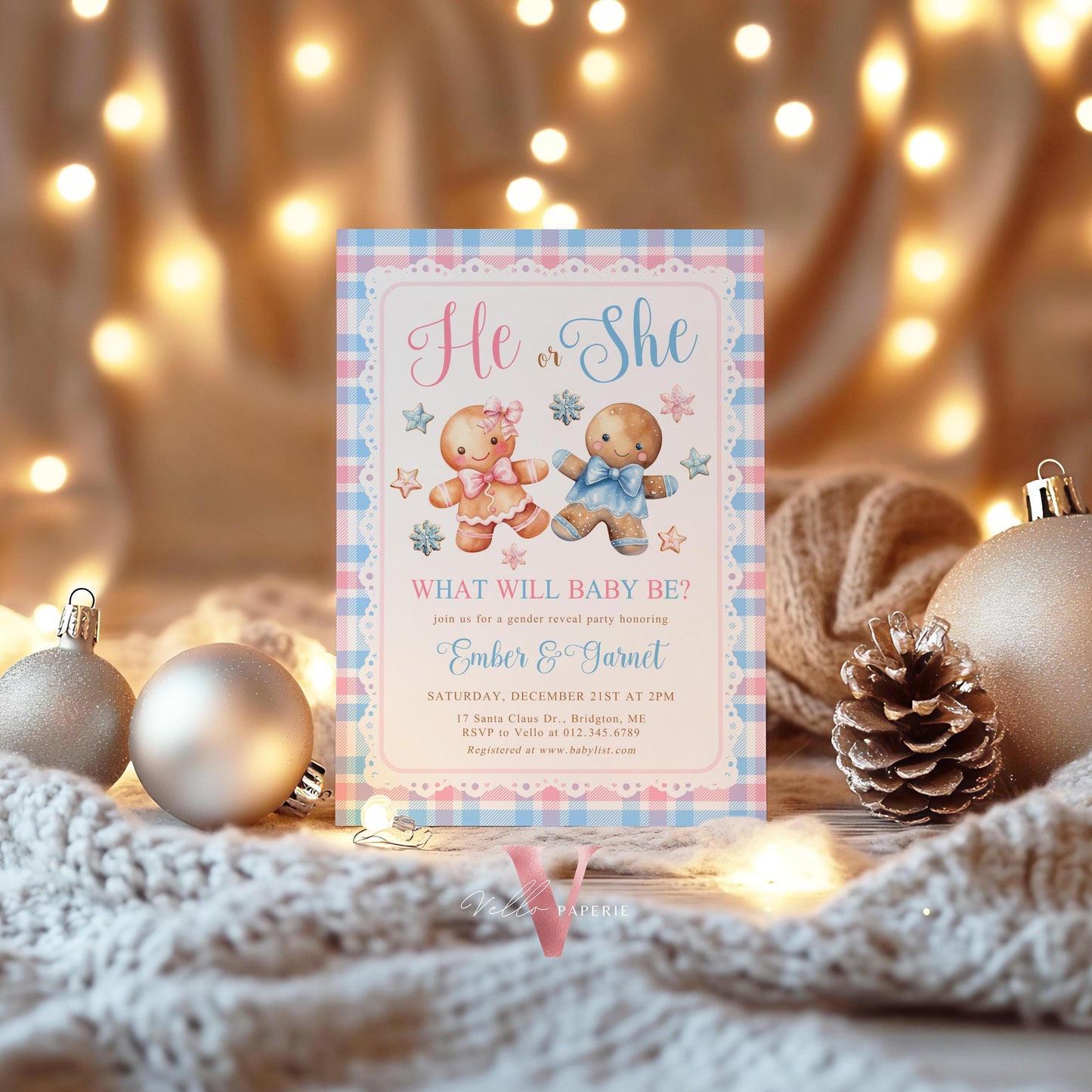 He or She Gingerbread Baby Shower Invitation | Winter Gender Reveal Baby Coming Invite | Pink Blue Gingerbread Christmas Cookie CWBS01