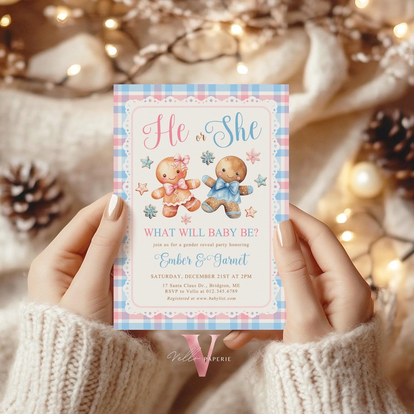 He or She Gingerbread Baby Shower Invitation | Winter Gender Reveal Baby Coming Invite | Pink Blue Gingerbread Christmas Cookie CWBS01