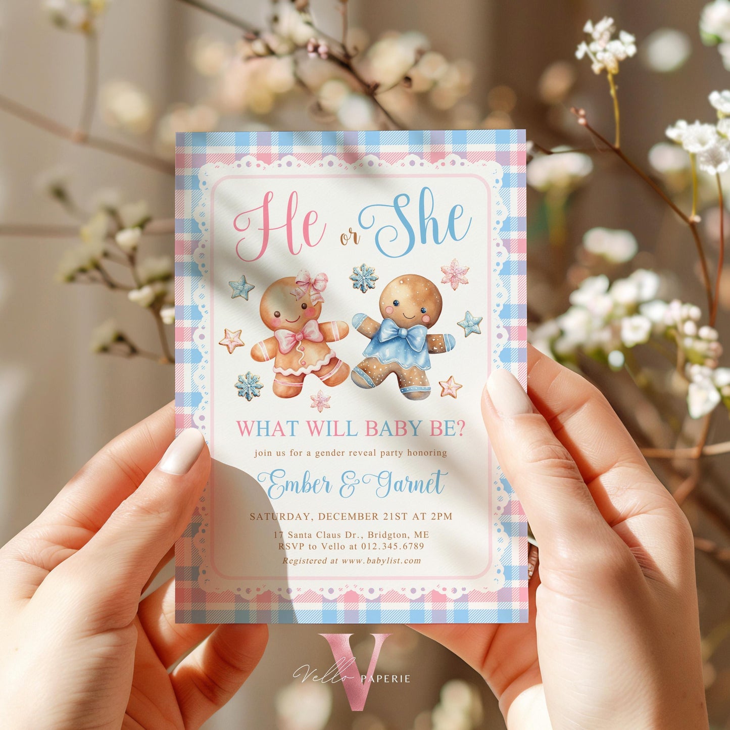 He or She Gingerbread Baby Shower Invitation | Winter Gender Reveal Baby Coming Invite | Pink Blue Gingerbread Christmas Cookie CWBS01