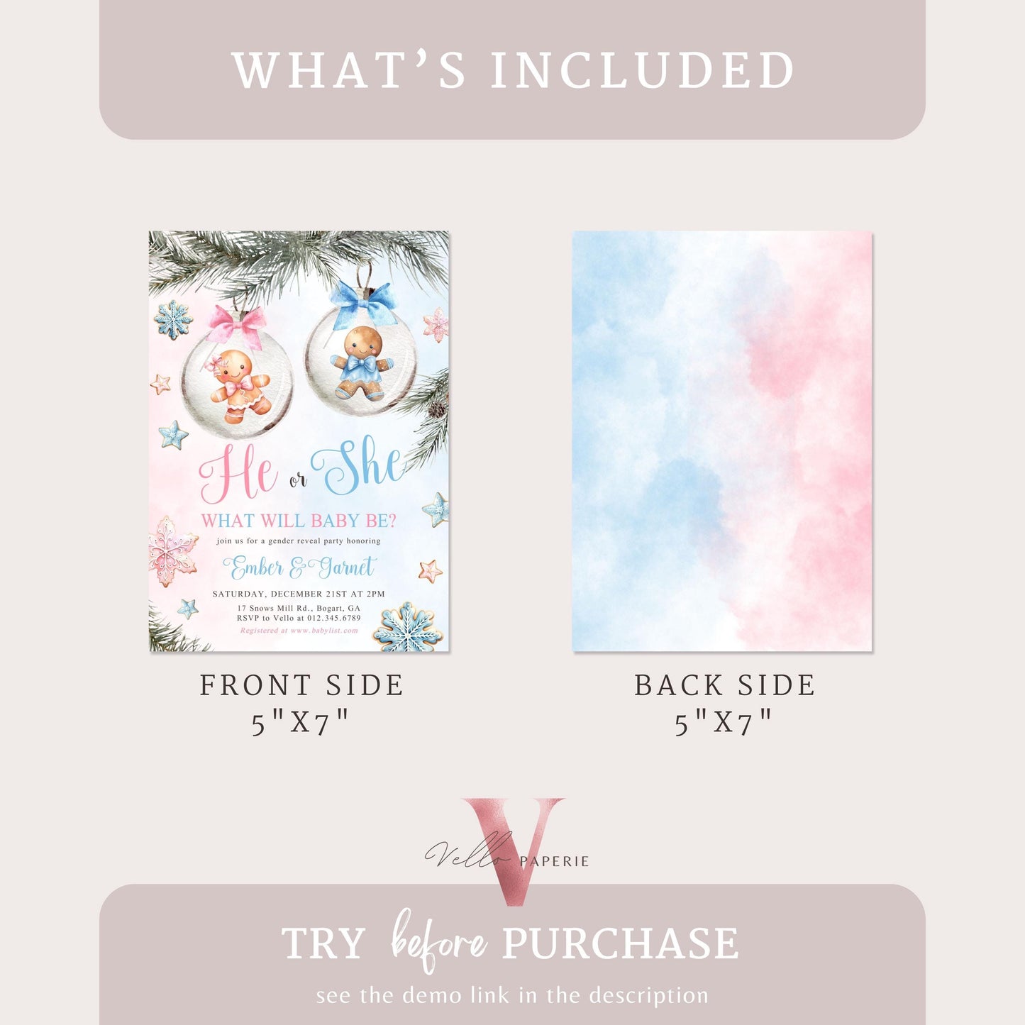 He or She Gingerbread Baby Shower Invitation | Winter Gender Reveal Little Cookie Invite | Pink Blue Gingerbread Christmas Baubles CWBS01