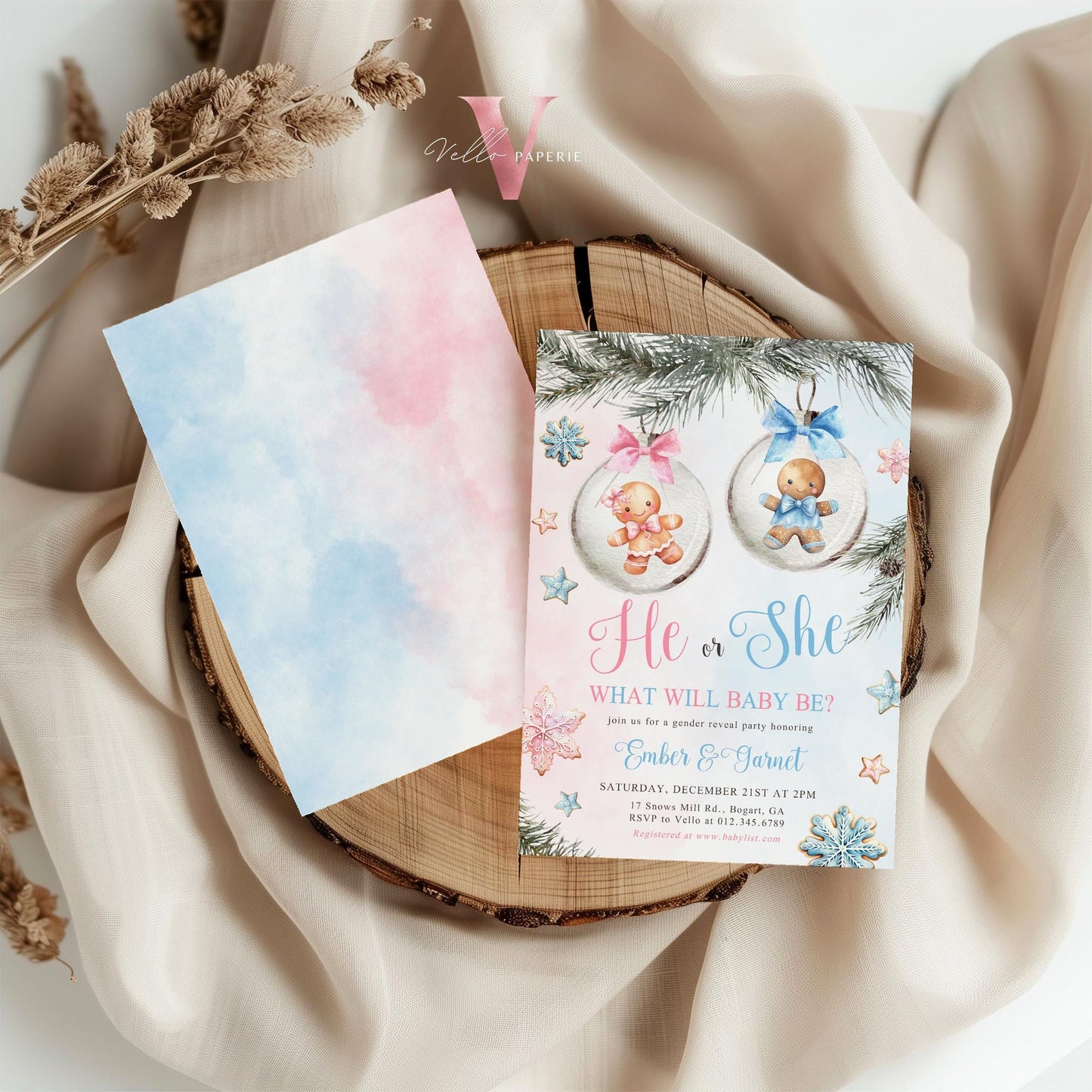 He or She Gingerbread Baby Shower Invitation | Winter Gender Reveal Little Cookie Invite | Pink Blue Gingerbread Christmas Baubles CWBS01