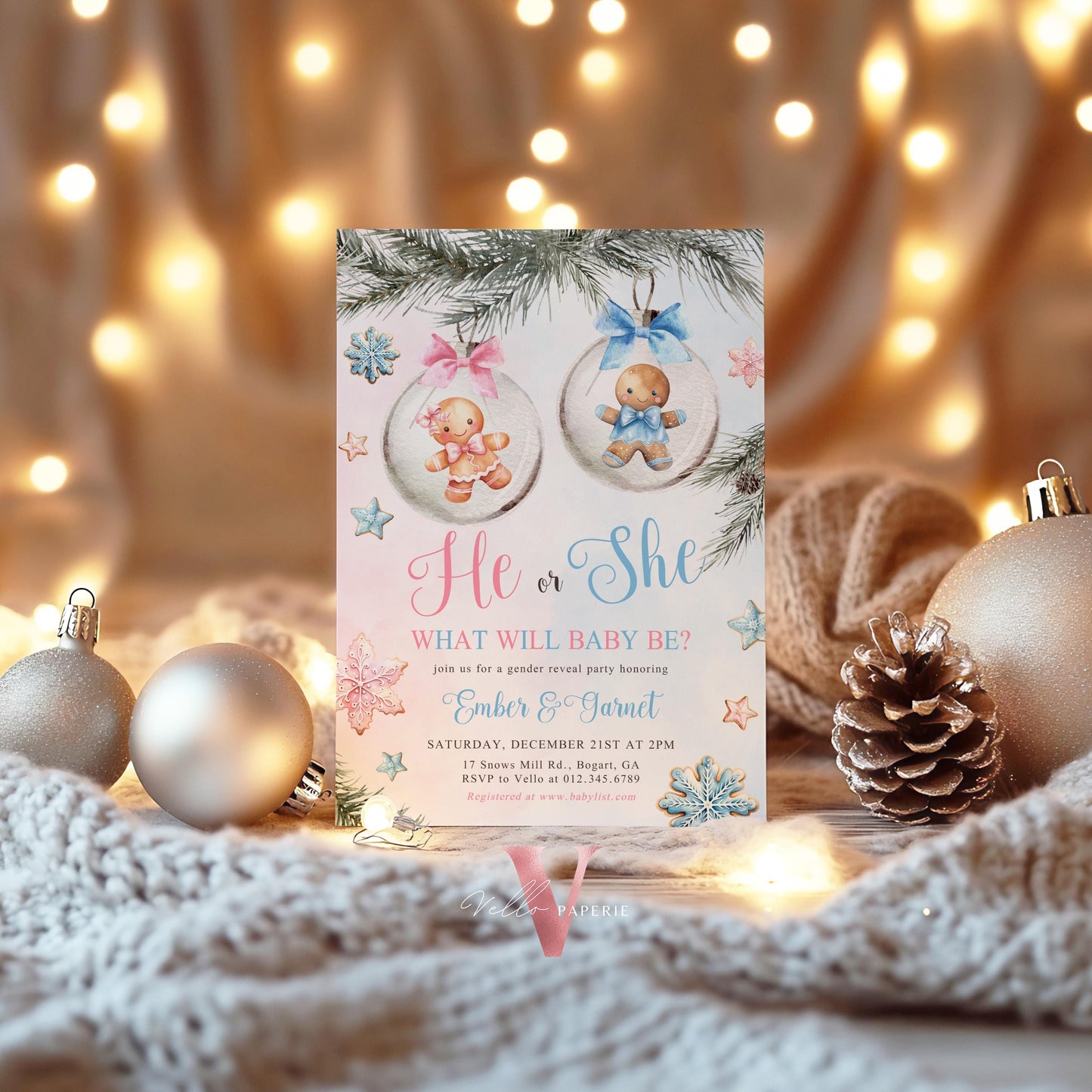 He or She Gingerbread Baby Shower Invitation | Winter Gender Reveal Little Cookie Invite | Pink Blue Gingerbread Christmas Baubles CWBS01