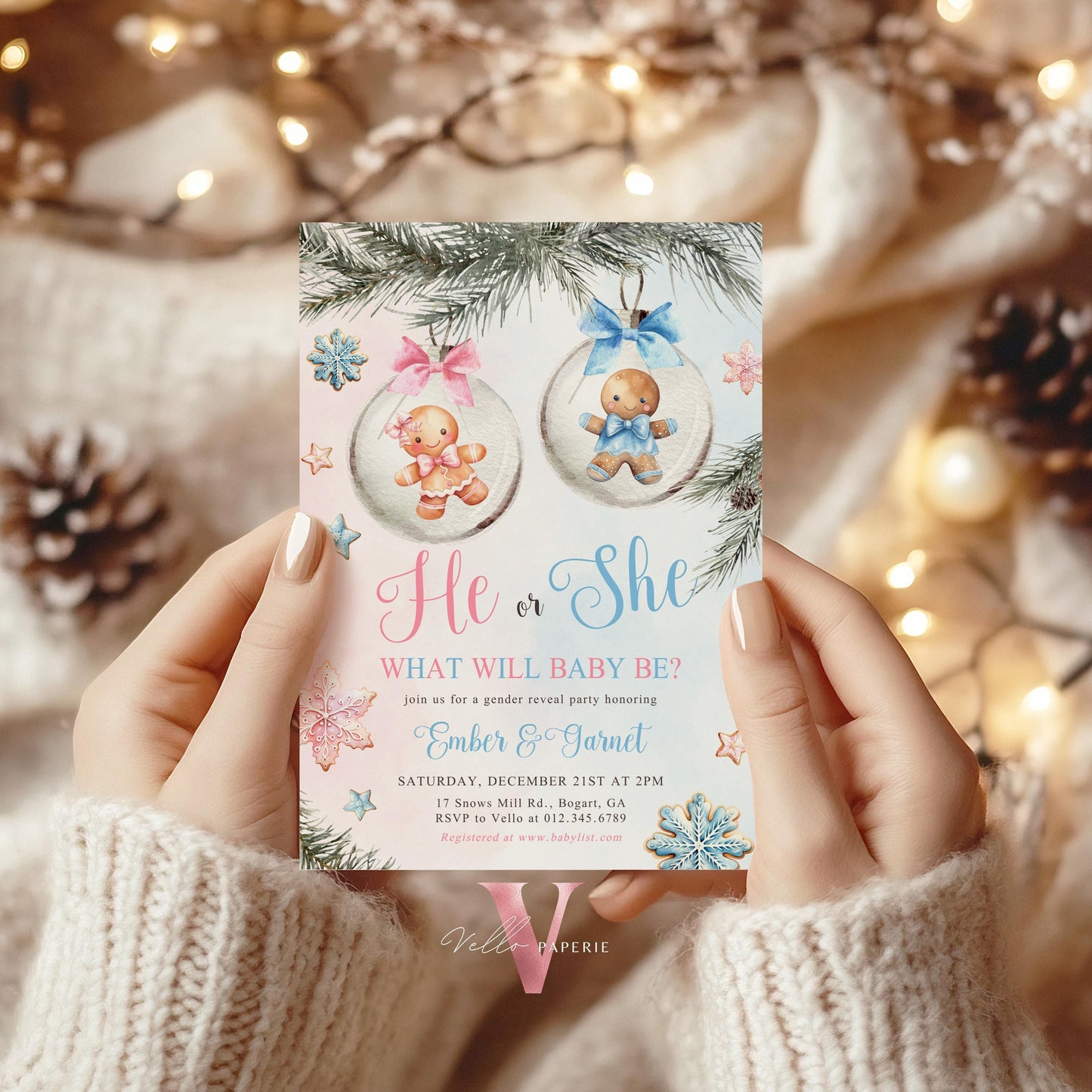 He or She Gingerbread Baby Shower Invitation | Winter Gender Reveal Little Cookie Invite | Pink Blue Gingerbread Christmas Baubles CWBS01