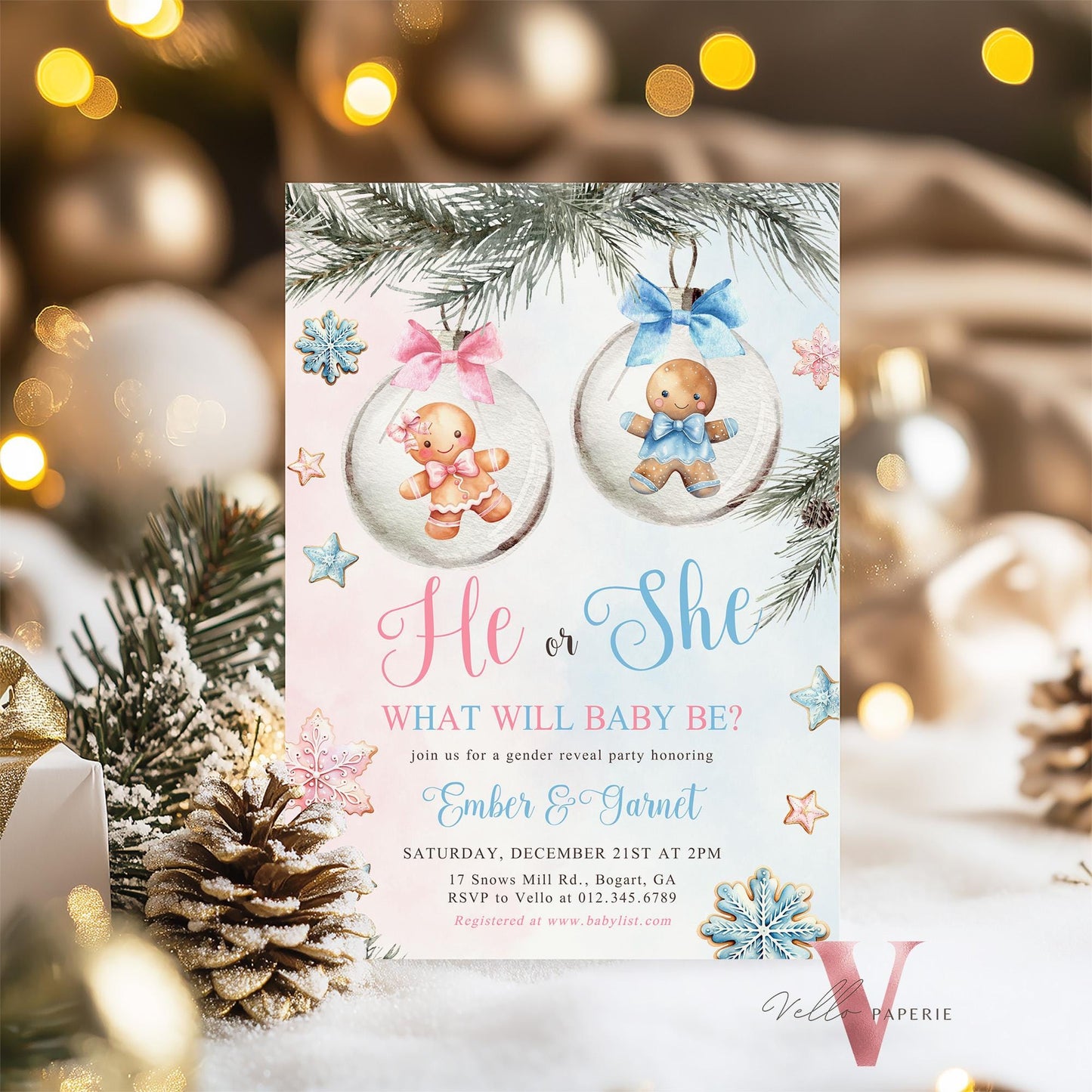 He or She Gingerbread Baby Shower Invitation | Winter Gender Reveal Little Cookie Invite | Pink Blue Gingerbread Christmas Baubles CWBS01