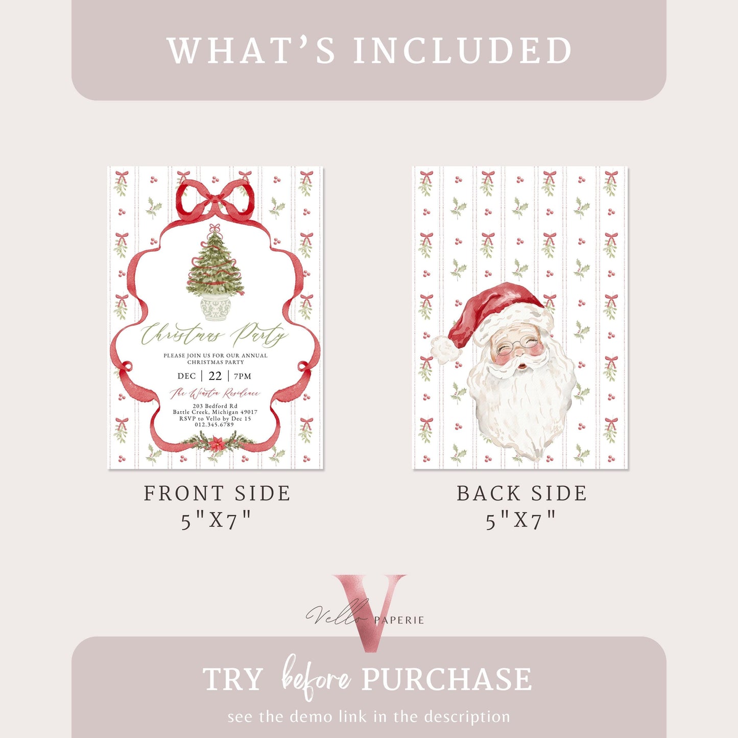 Editable Grandmillenial Christmas Party Invitation | Santa Christmas Open House Invite | Red Bow Christmas Tree, Friendsmas Party GMC12