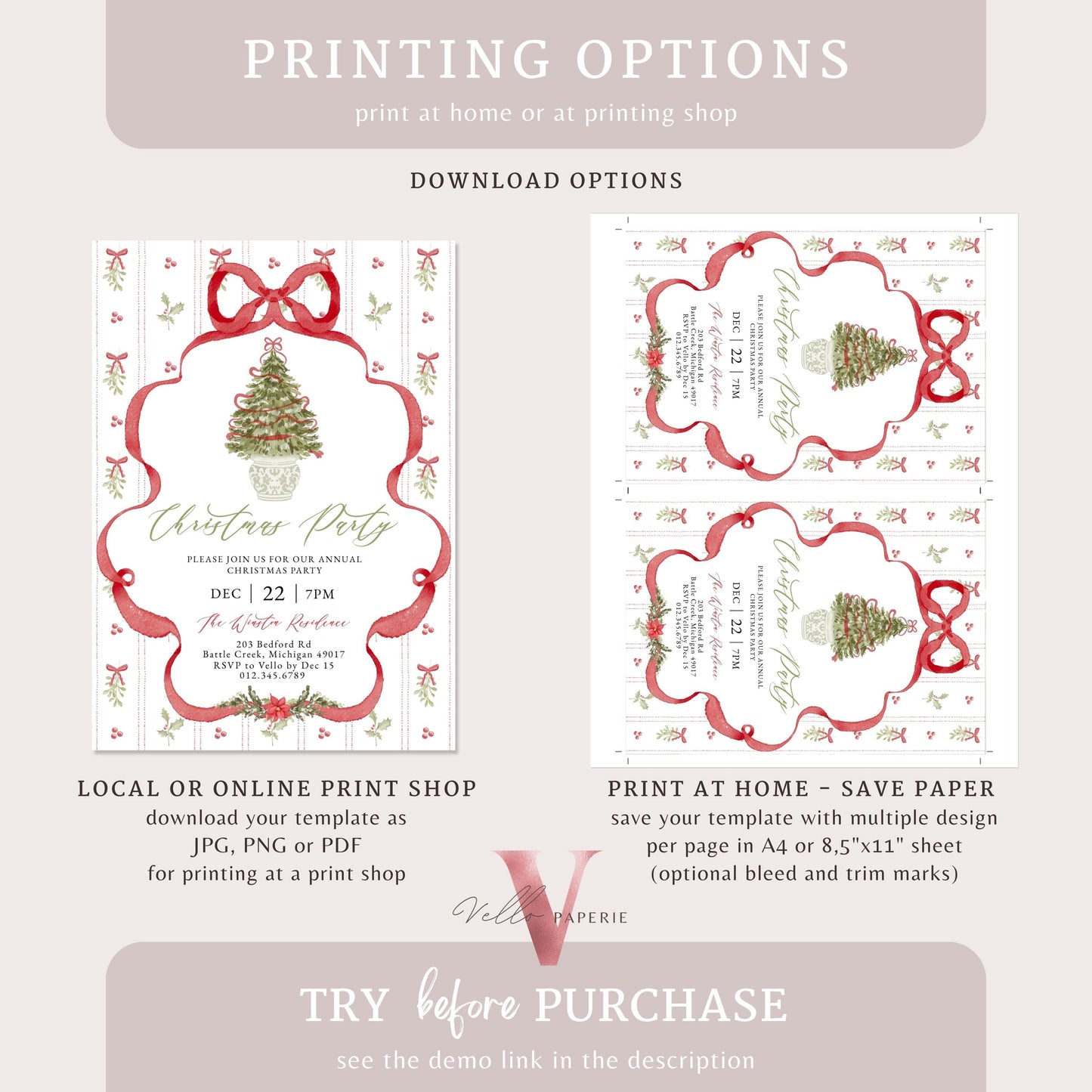 Editable Grandmillenial Christmas Party Invitation | Santa Christmas Open House Invite | Red Bow Christmas Tree, Friendsmas Party GMC12