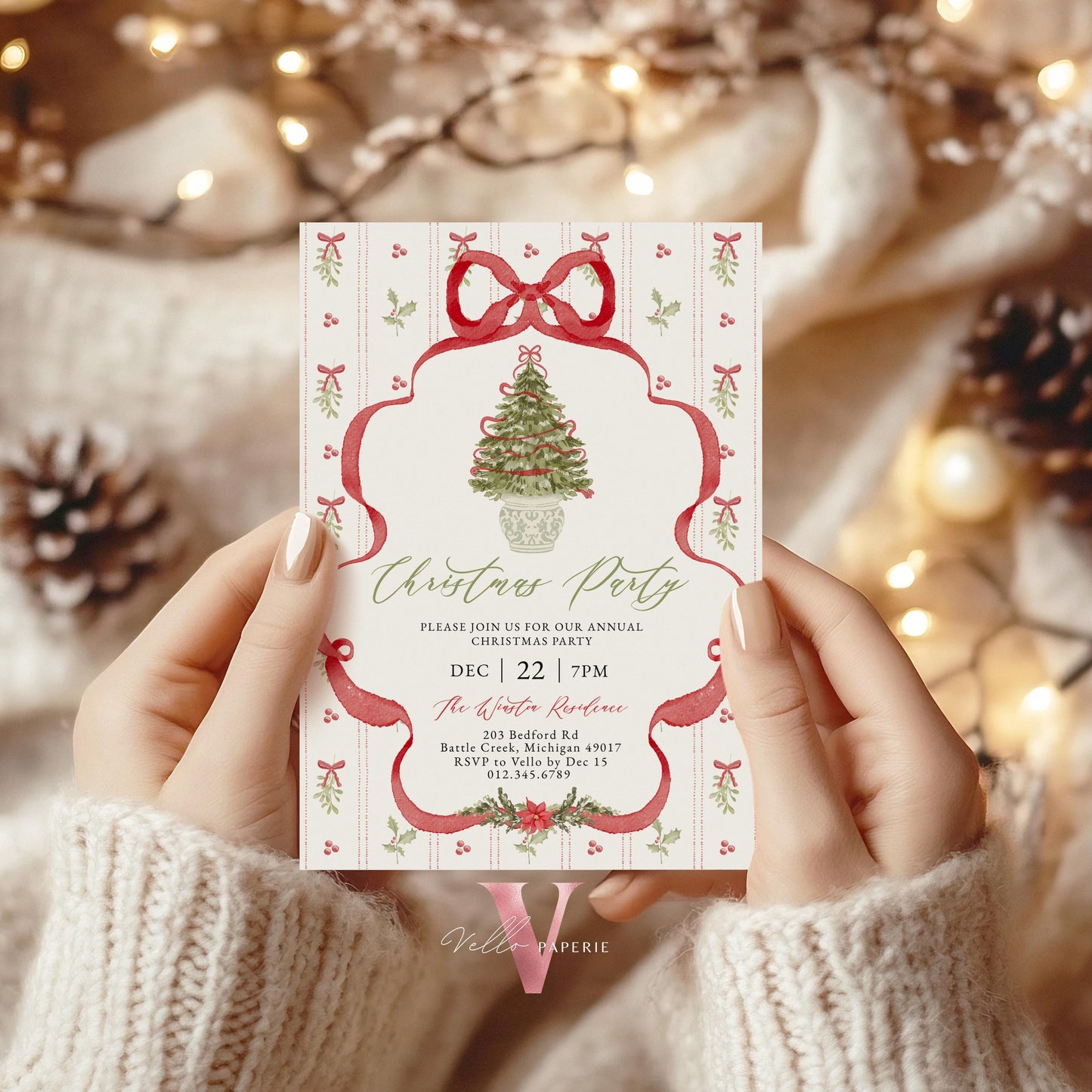 Editable Grandmillenial Christmas Party Invitation | Santa Christmas Open House Invite | Red Bow Christmas Tree, Friendsmas Party GMC12