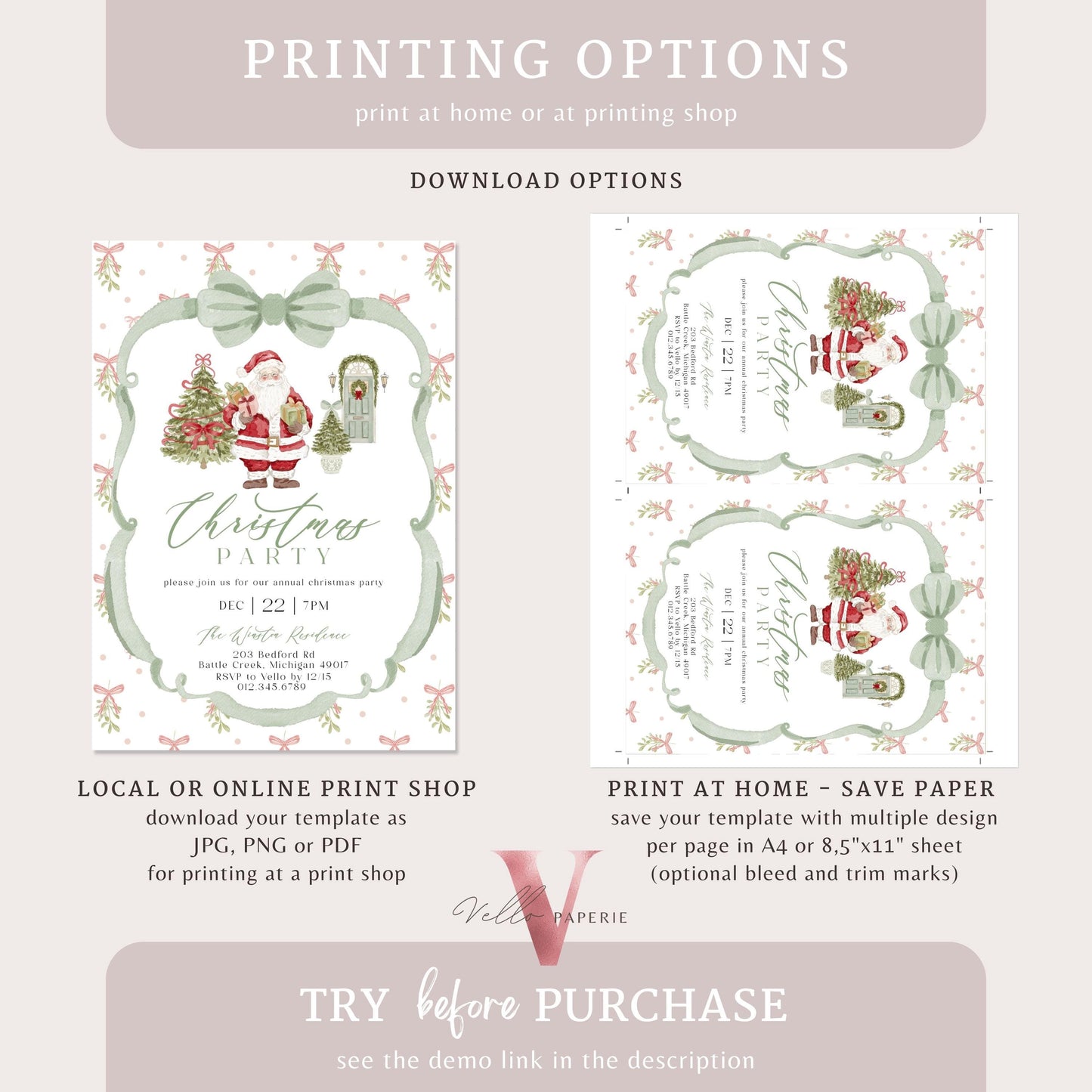 Editable Grandmillenial Christmas Party Invitation | Neutral Christmas Open House Invite | Bow Watercolor Santa, Friendsmas Party GMC12