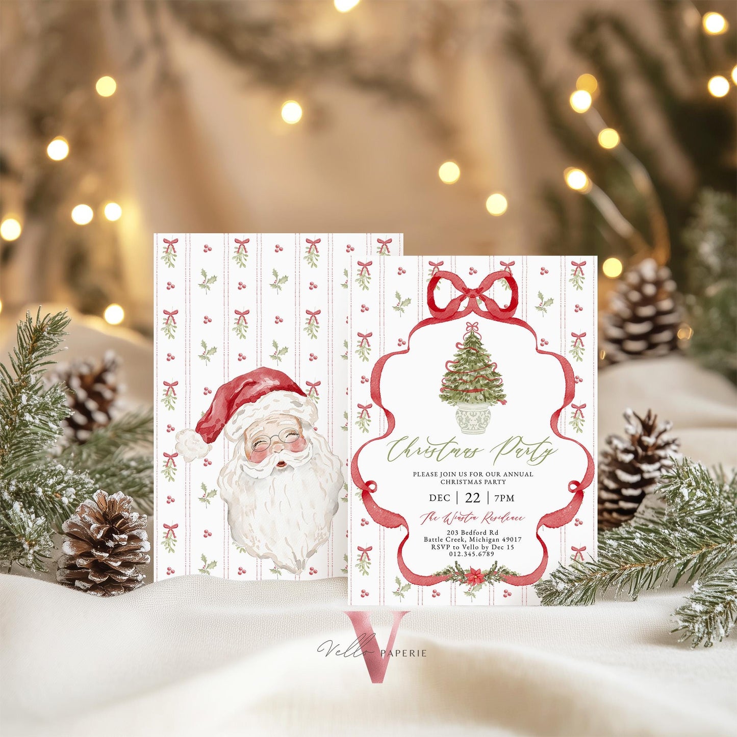 Editable Grandmillenial Christmas Party Invitation | Santa Christmas Open House Invite | Red Bow Christmas Tree, Friendsmas Party GMC12