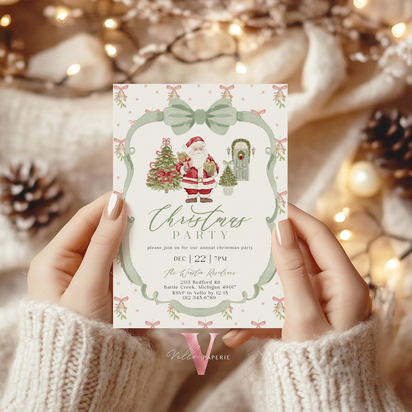 Editable Grandmillenial Christmas Party Invitation | Neutral Christmas Open House Invite | Bow Watercolor Santa, Friendsmas Party GMC12