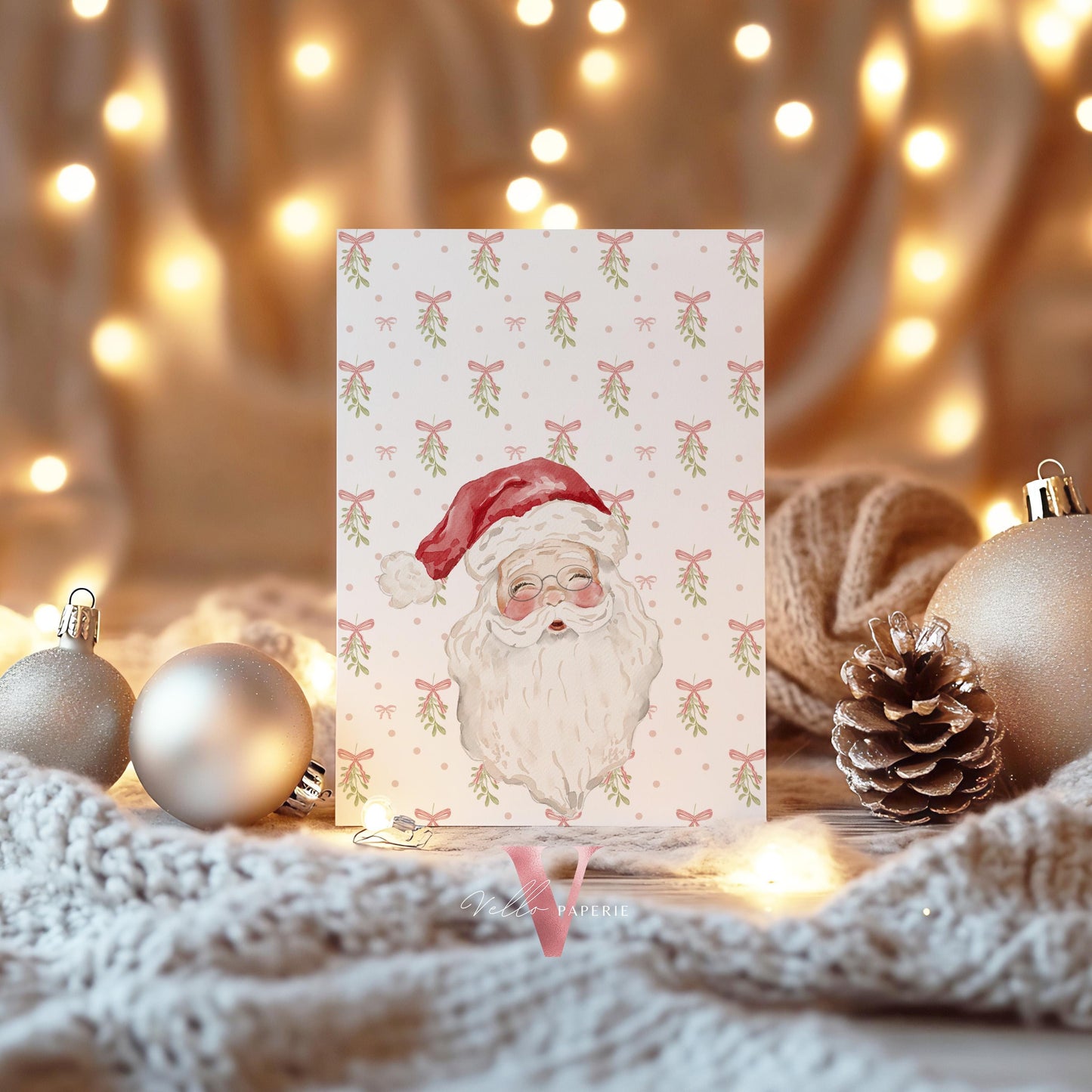 Editable Grandmillenial Christmas Party Invitation | Neutral Christmas Open House Invite | Bow Watercolor Santa, Friendsmas Party GMC12