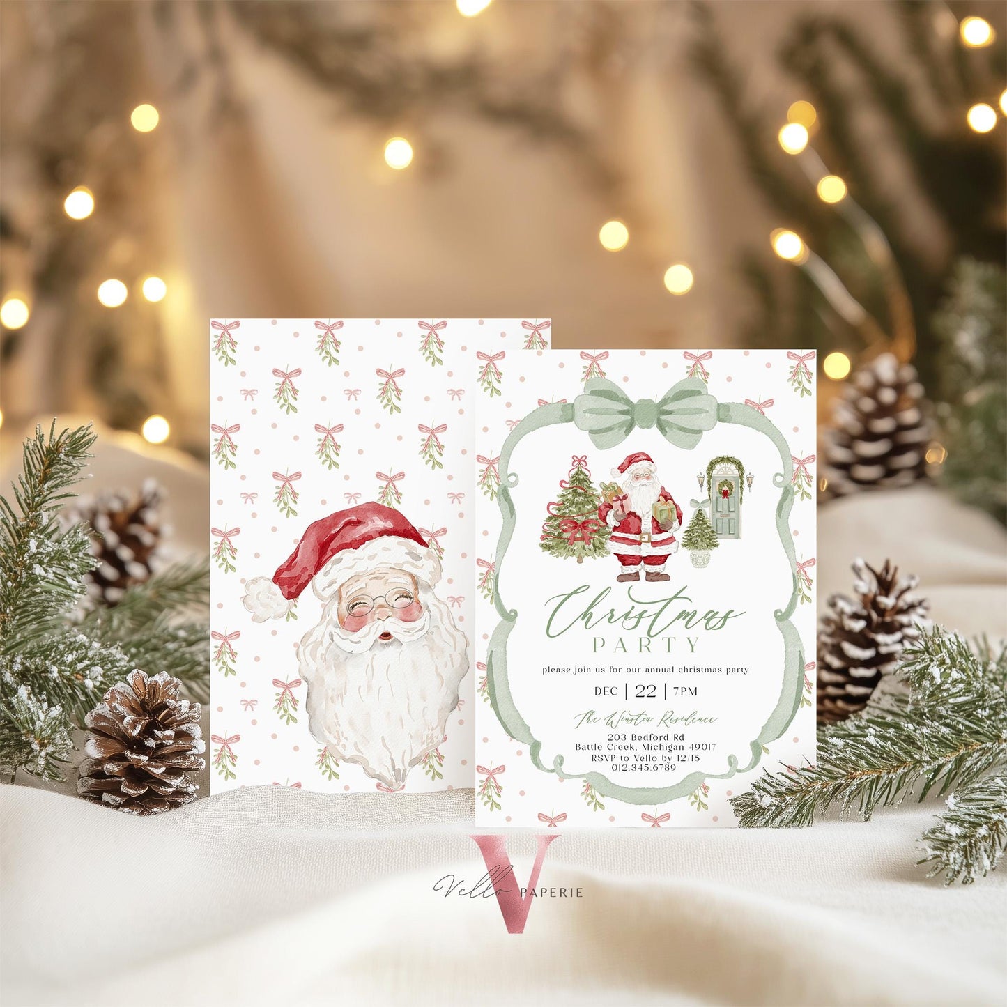 Editable Grandmillenial Christmas Party Invitation | Neutral Christmas Open House Invite | Bow Watercolor Santa, Friendsmas Party GMC12