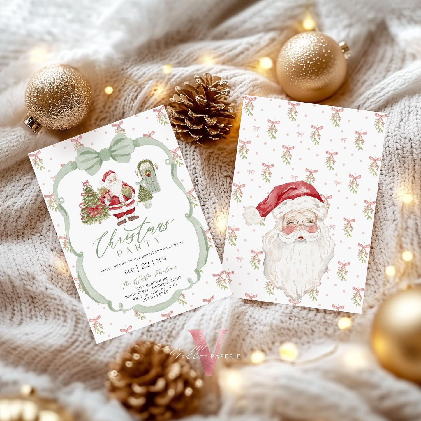 Editable Grandmillenial Christmas Party Invitation | Neutral Christmas Open House Invite | Bow Watercolor Santa, Friendsmas Party GMC12