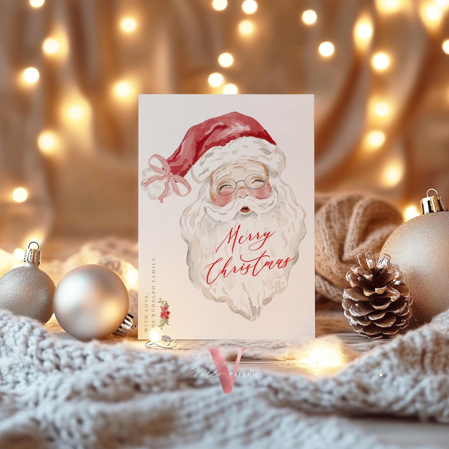 Editable Printable Grandmillenial Christmas Greetings Card | Watercolor Merry Christmas Card Template | Santa and Wreath Holiday Card BCPF1
